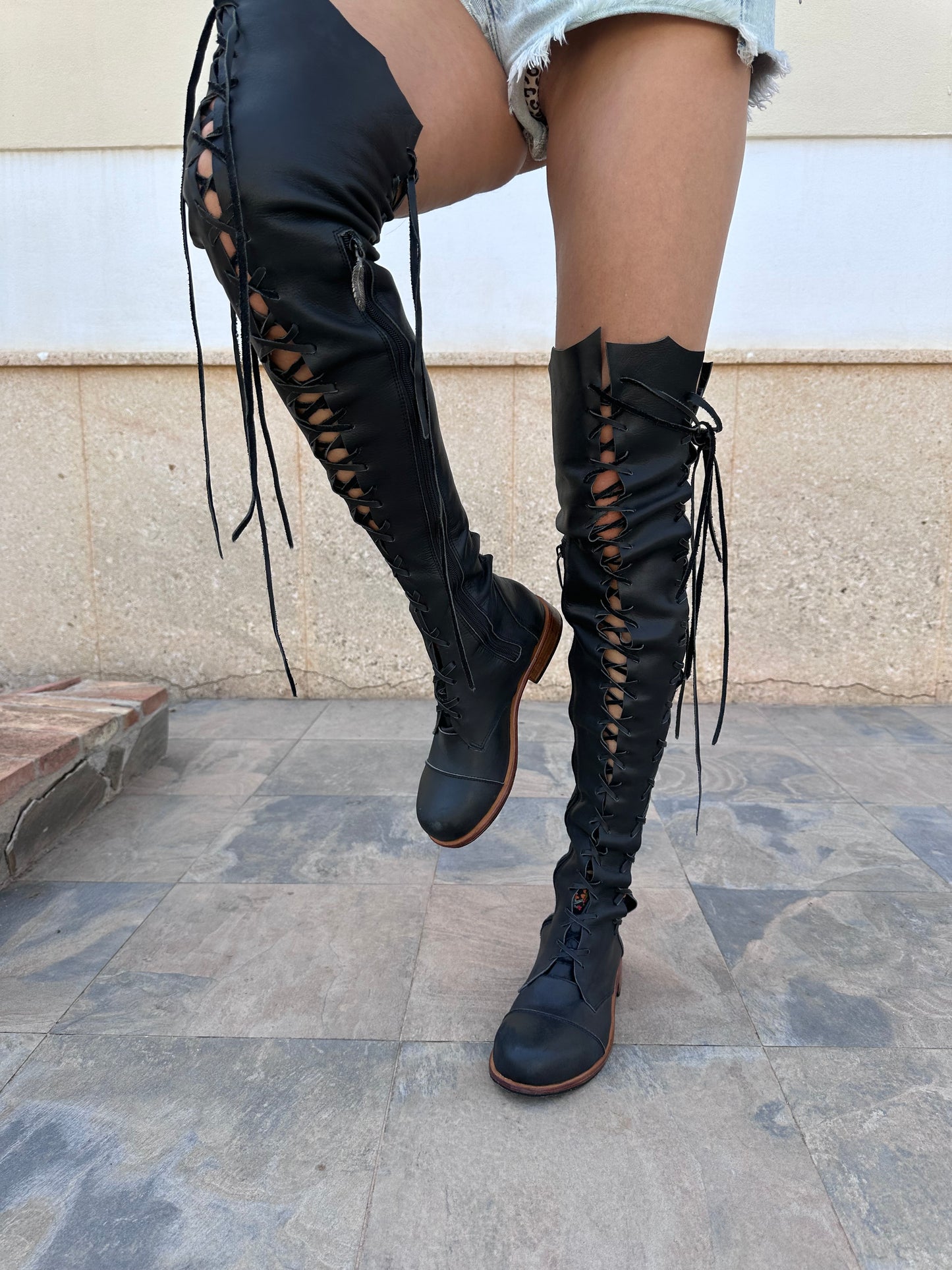 'Clockwork Fairy' Over Knee High Boots in Black with Tan Soles for Pre Order