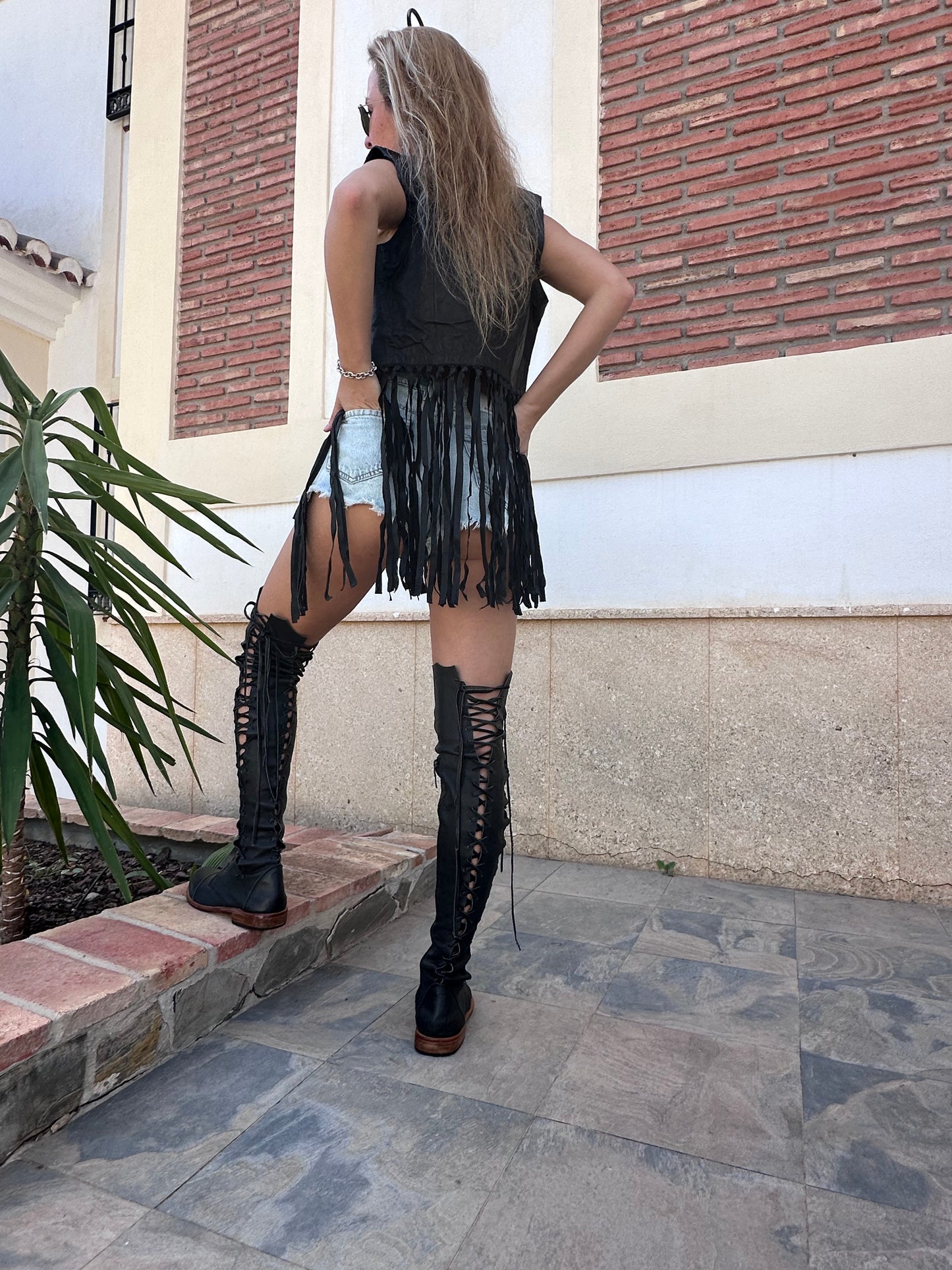 'Clockwork Fairy' Over Knee High Boots in Black with Tan Soles for Pre Order