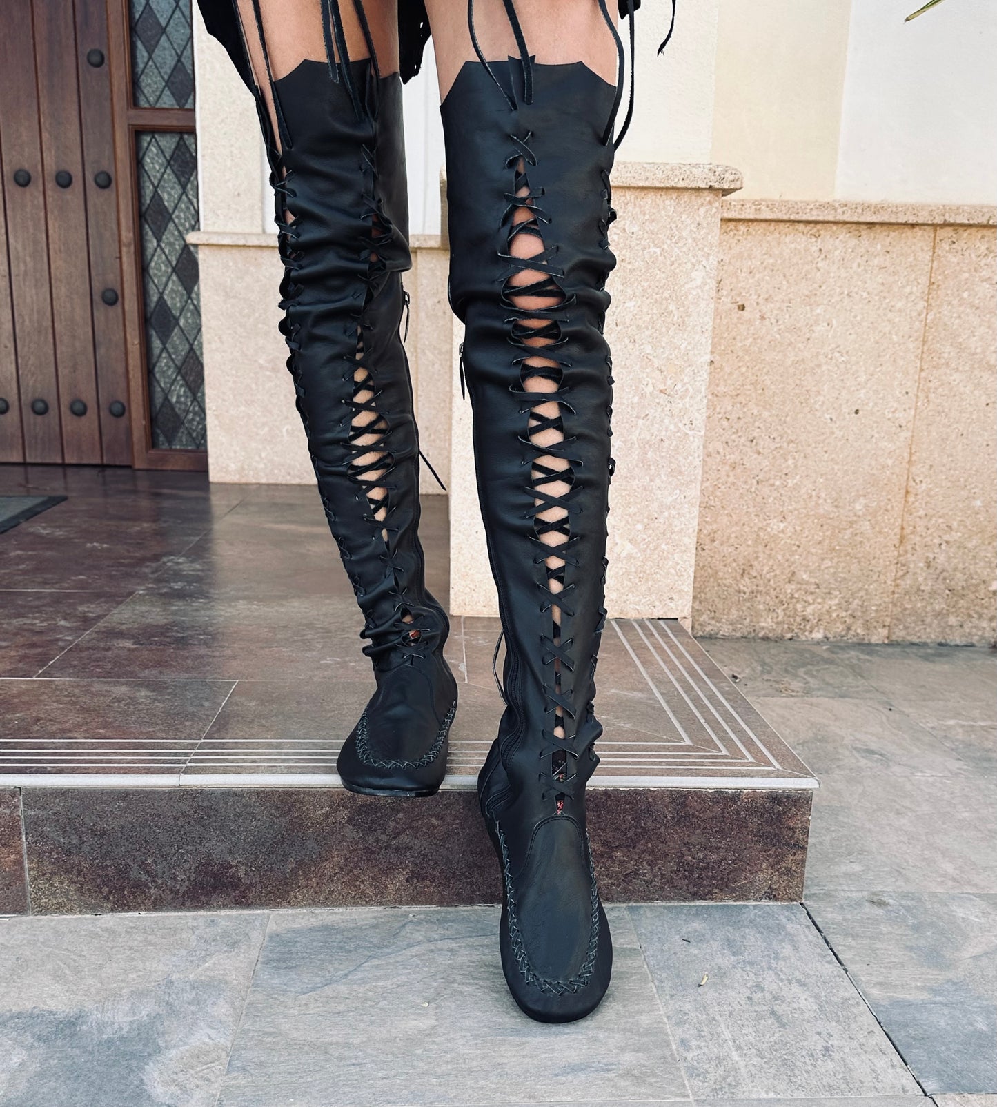 Black Over Knee High Leather Boots for Pre Order