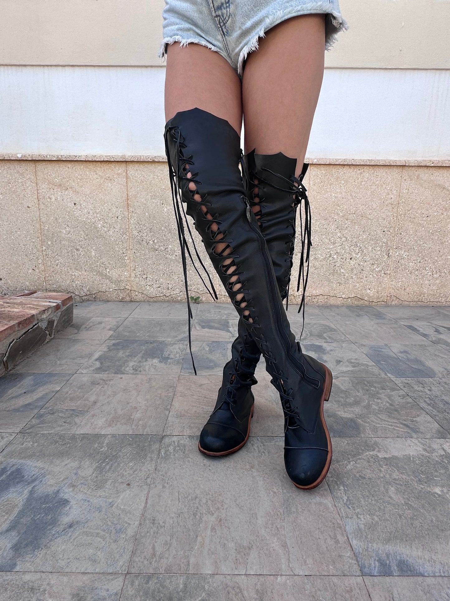 'Clockwork Fairy' Over Knee High Boots in Black with Tan Soles for Pre Order