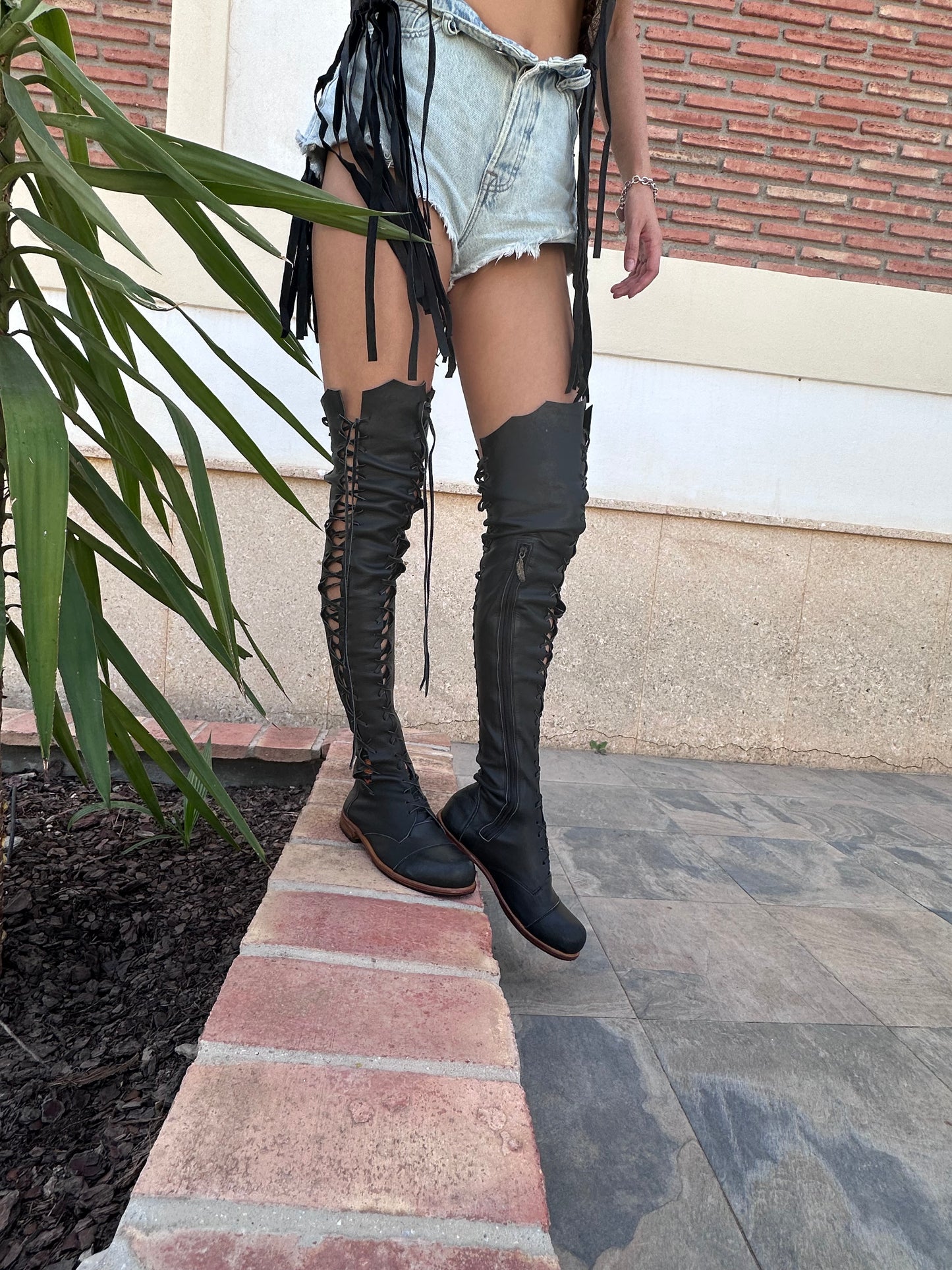 'Clockwork Fairy' Over Knee High Boots in Black with Tan Soles for Pre Order