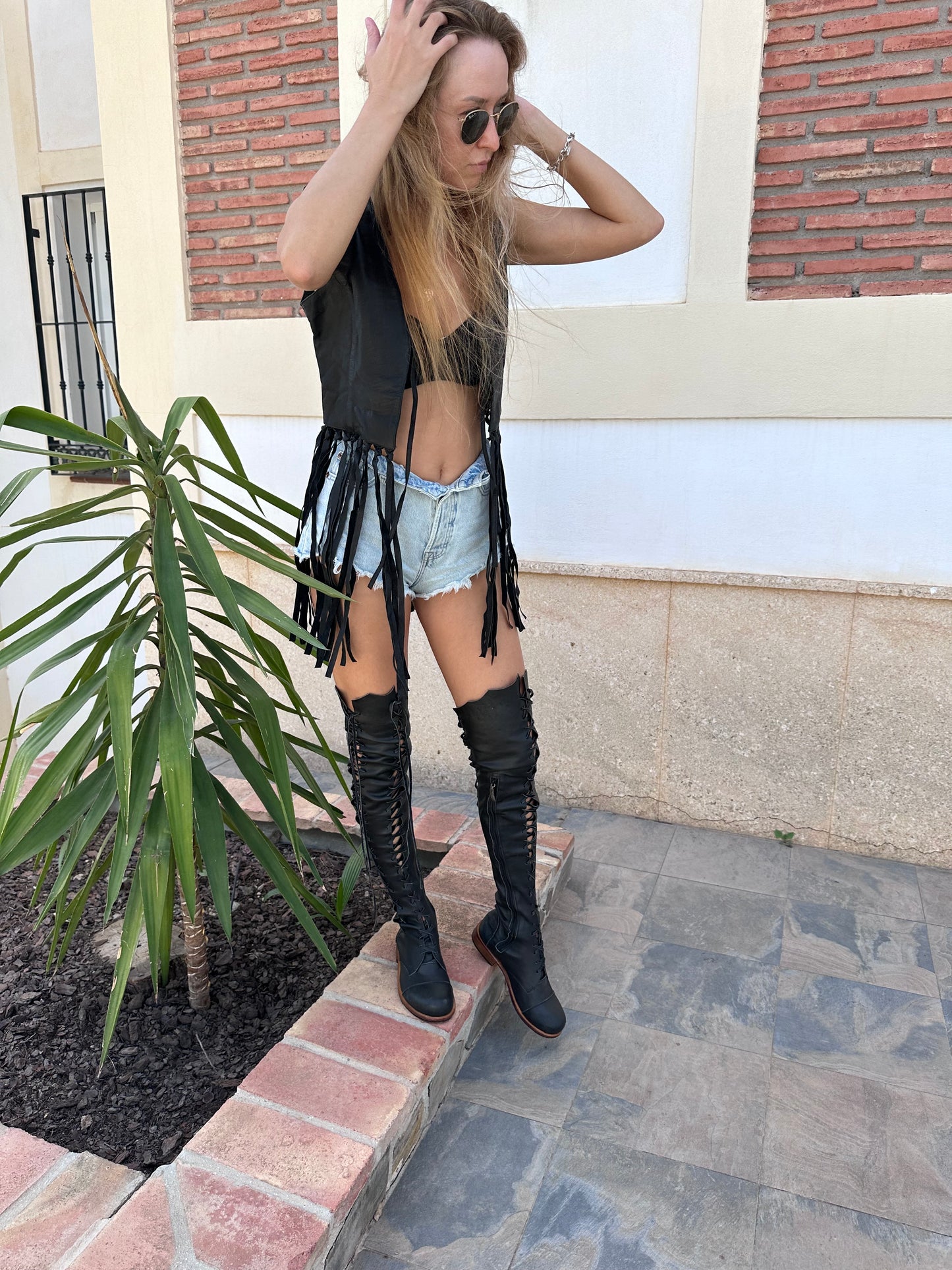 'Clockwork Fairy' Over Knee High Boots in Black with Tan Soles for Pre Order