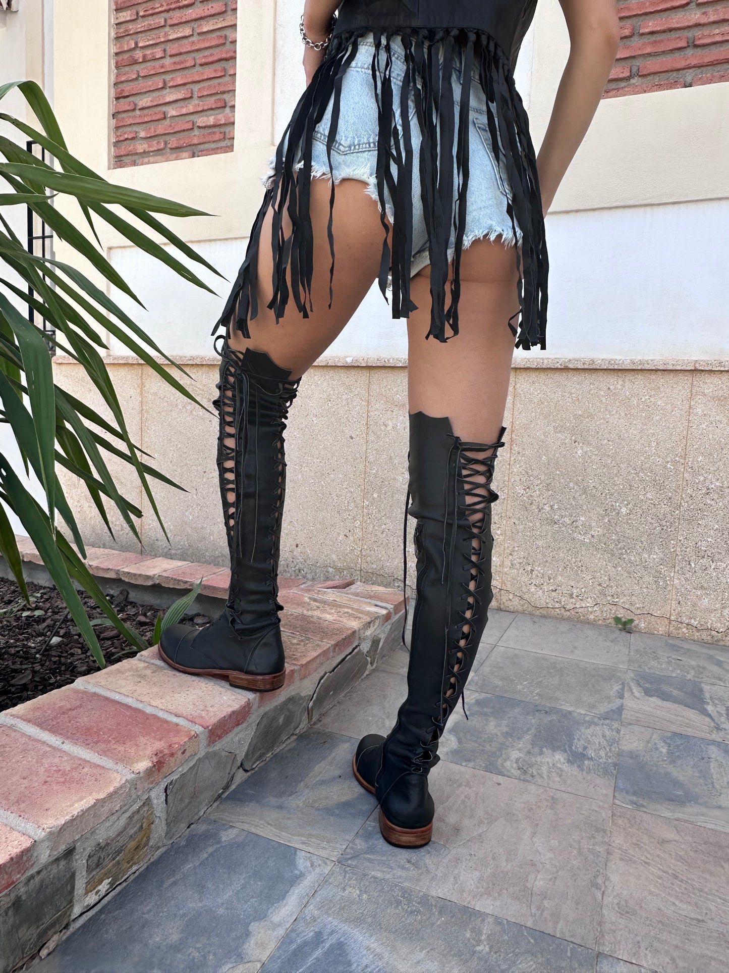 'Clockwork Fairy' Over Knee High Boots in Black with Tan Soles for Pre Order