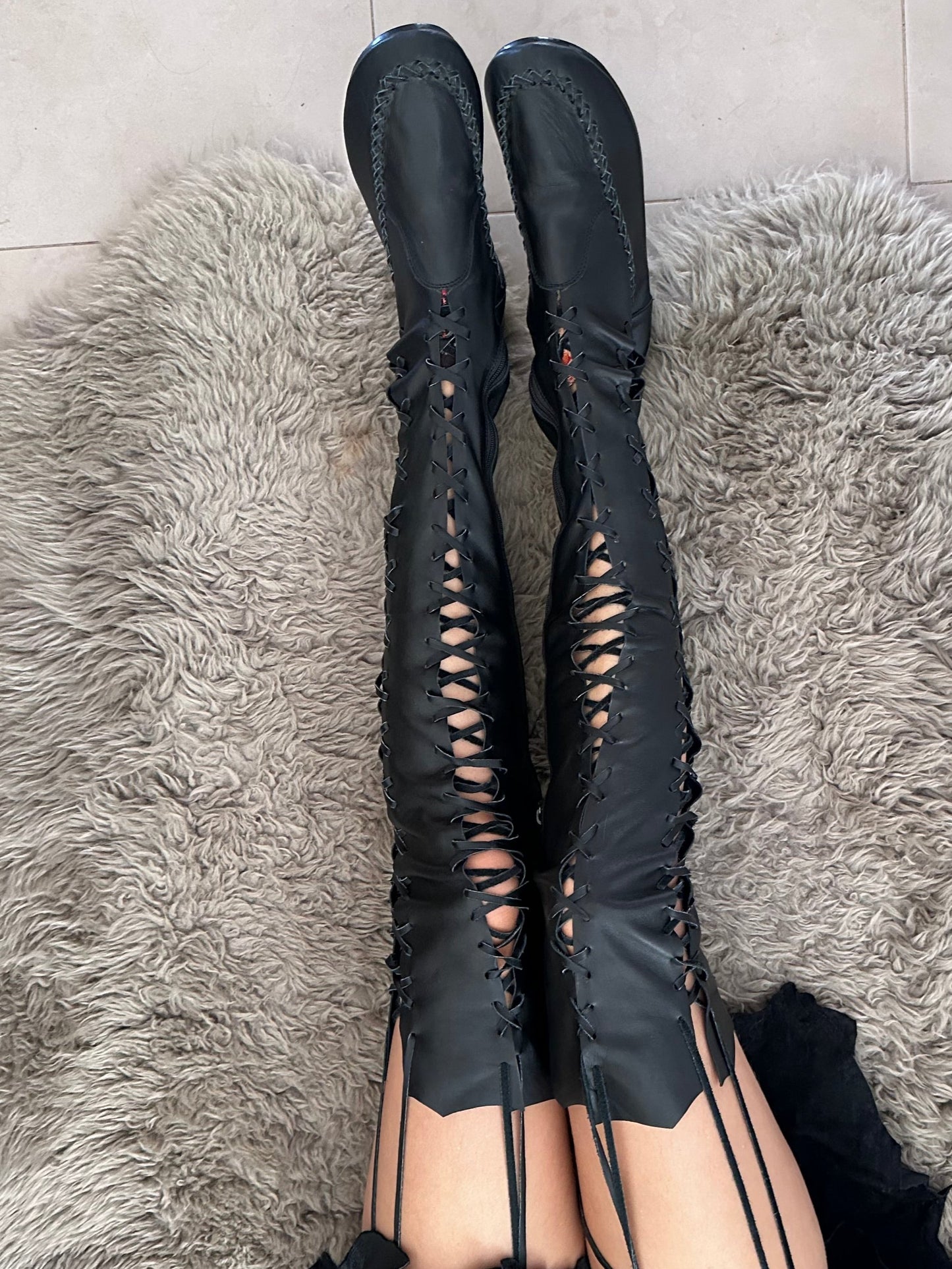 Black Over Knee High Leather Boots for Pre Order