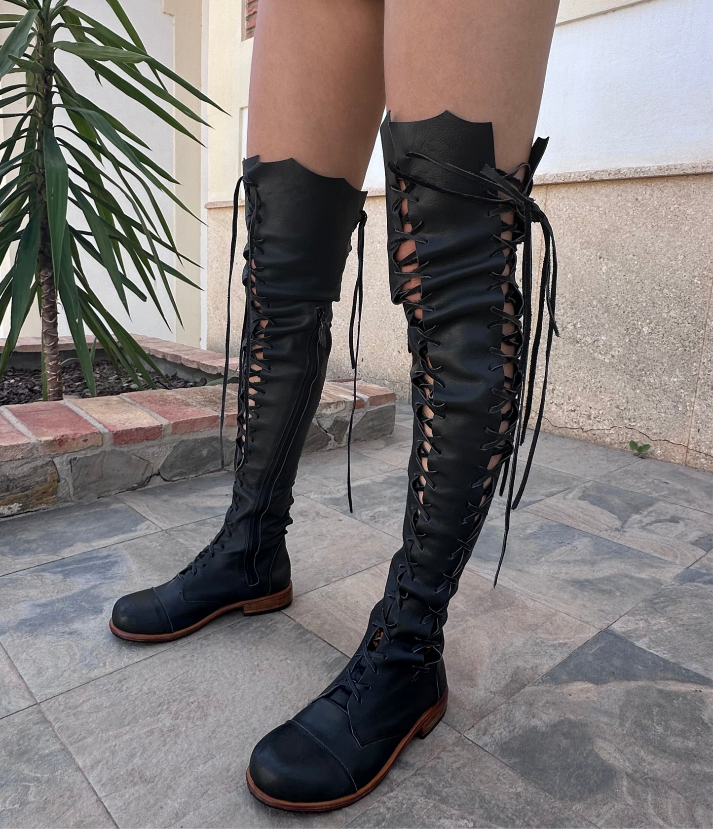 'Clockwork Fairy' Over Knee High Boots in Black with Tan Soles for Pre Order