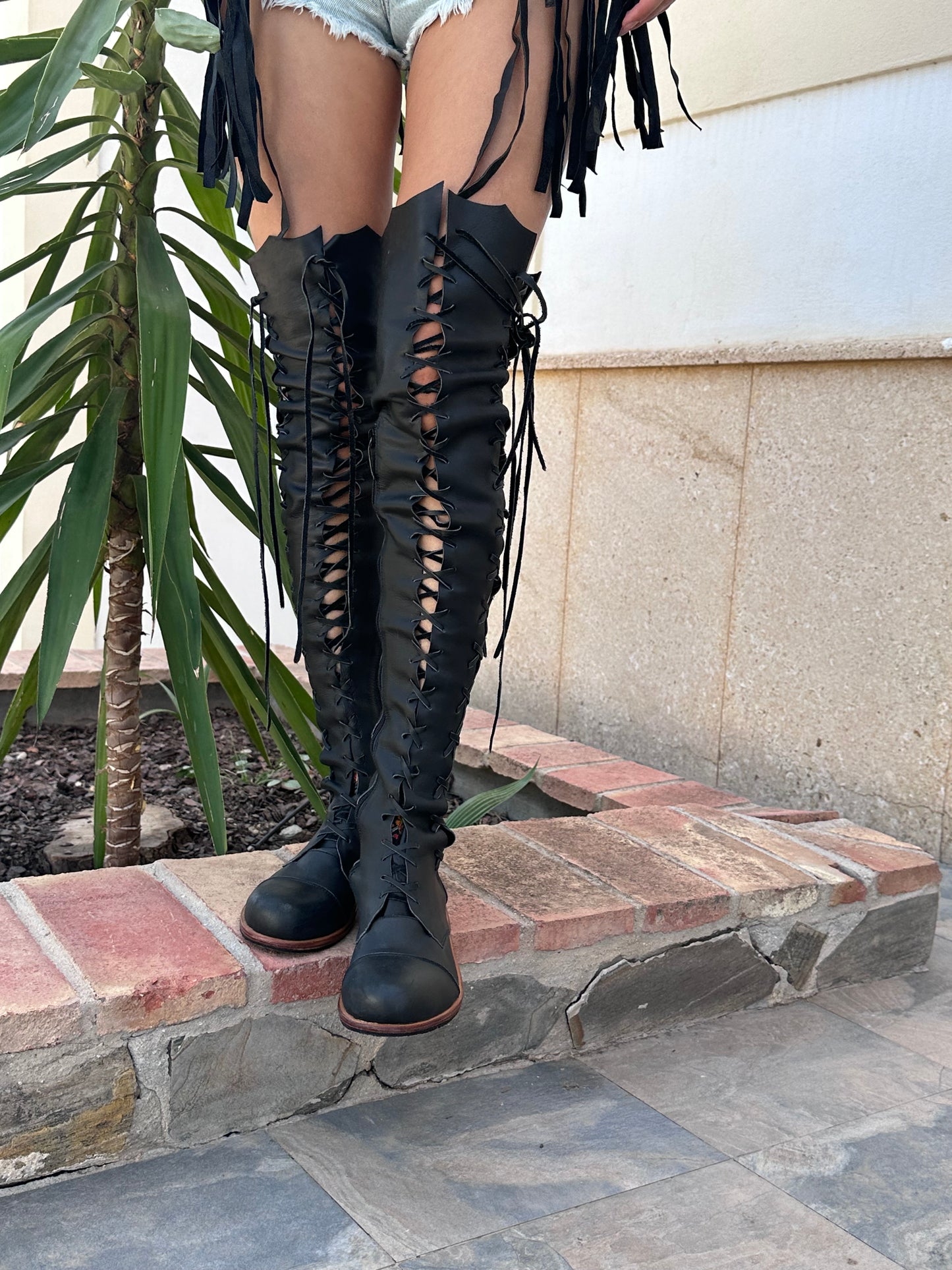 'Clockwork Fairy' Over Knee High Boots in Black with Tan Soles for Pre Order