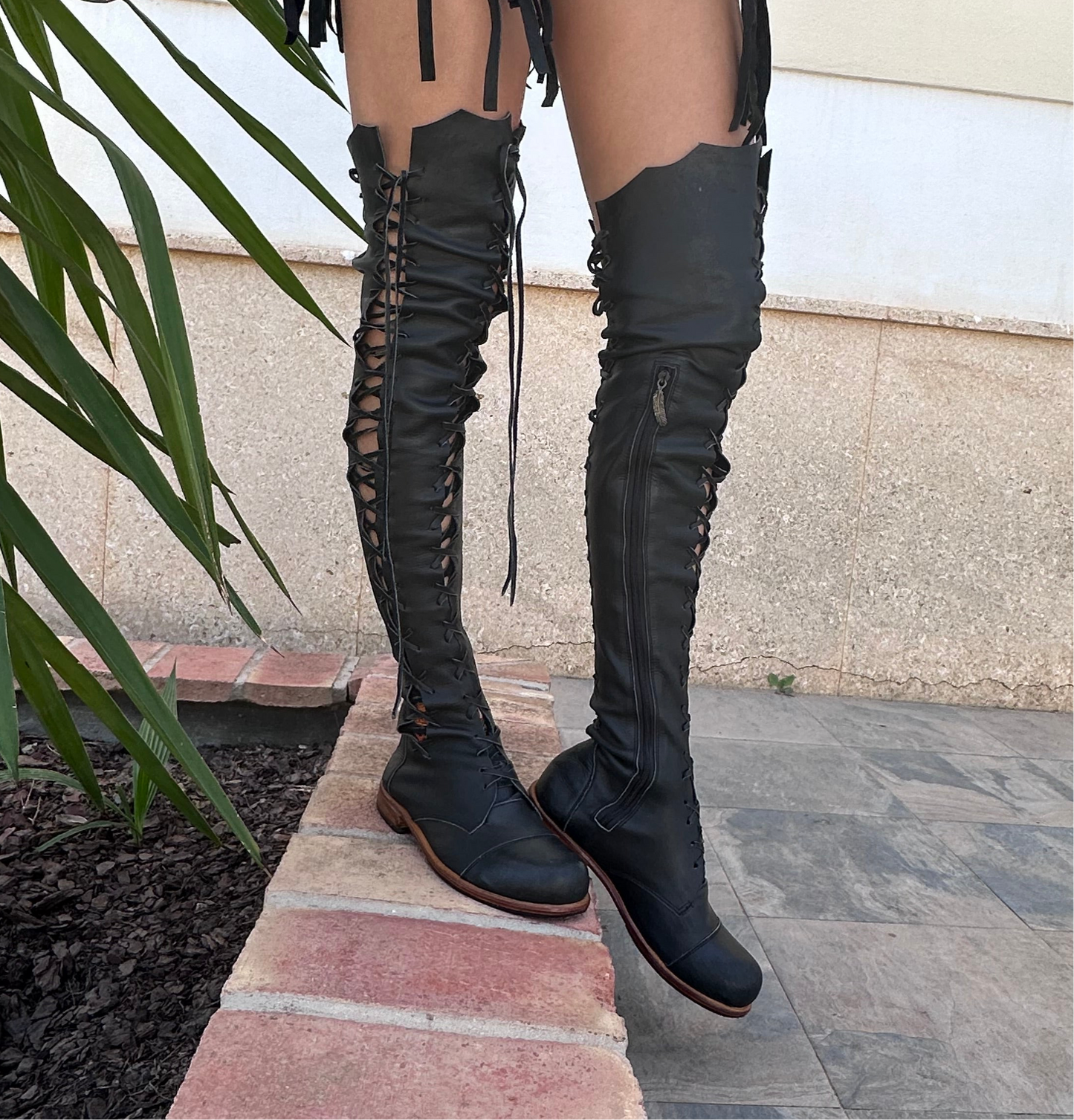 'Clockwork Fairy' Over Knee High Boots in Black with Tan Soles for Pre Order