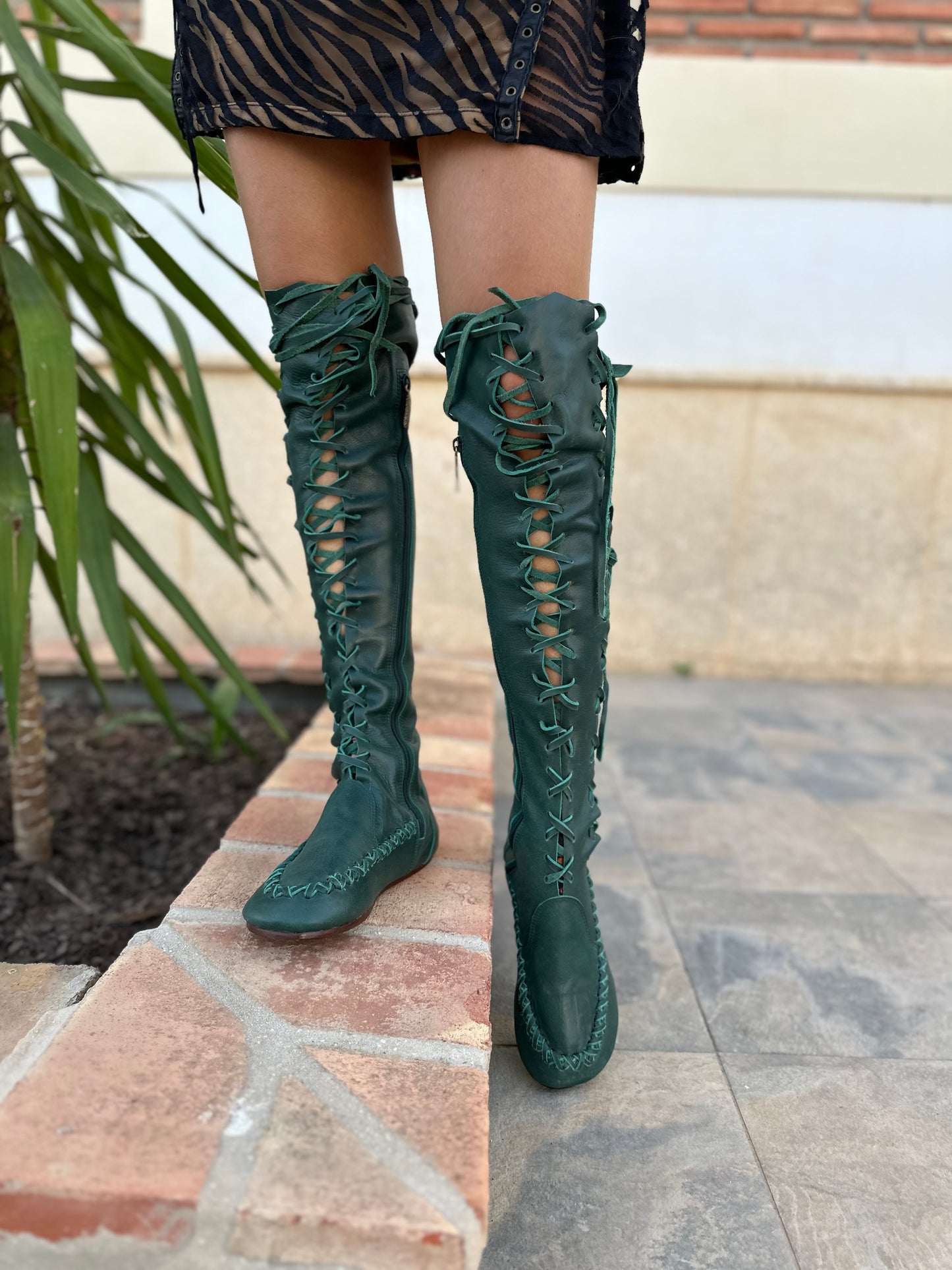 Pine Needle Green Leather Knee High Boots