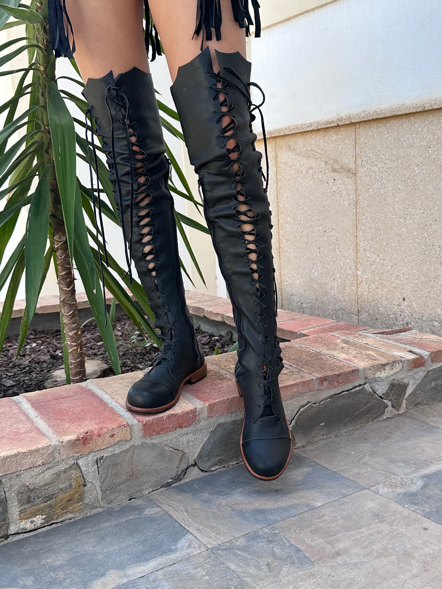 'Clockwork Fairy' Over Knee High Boots in Black with Tan Soles for Pre Order