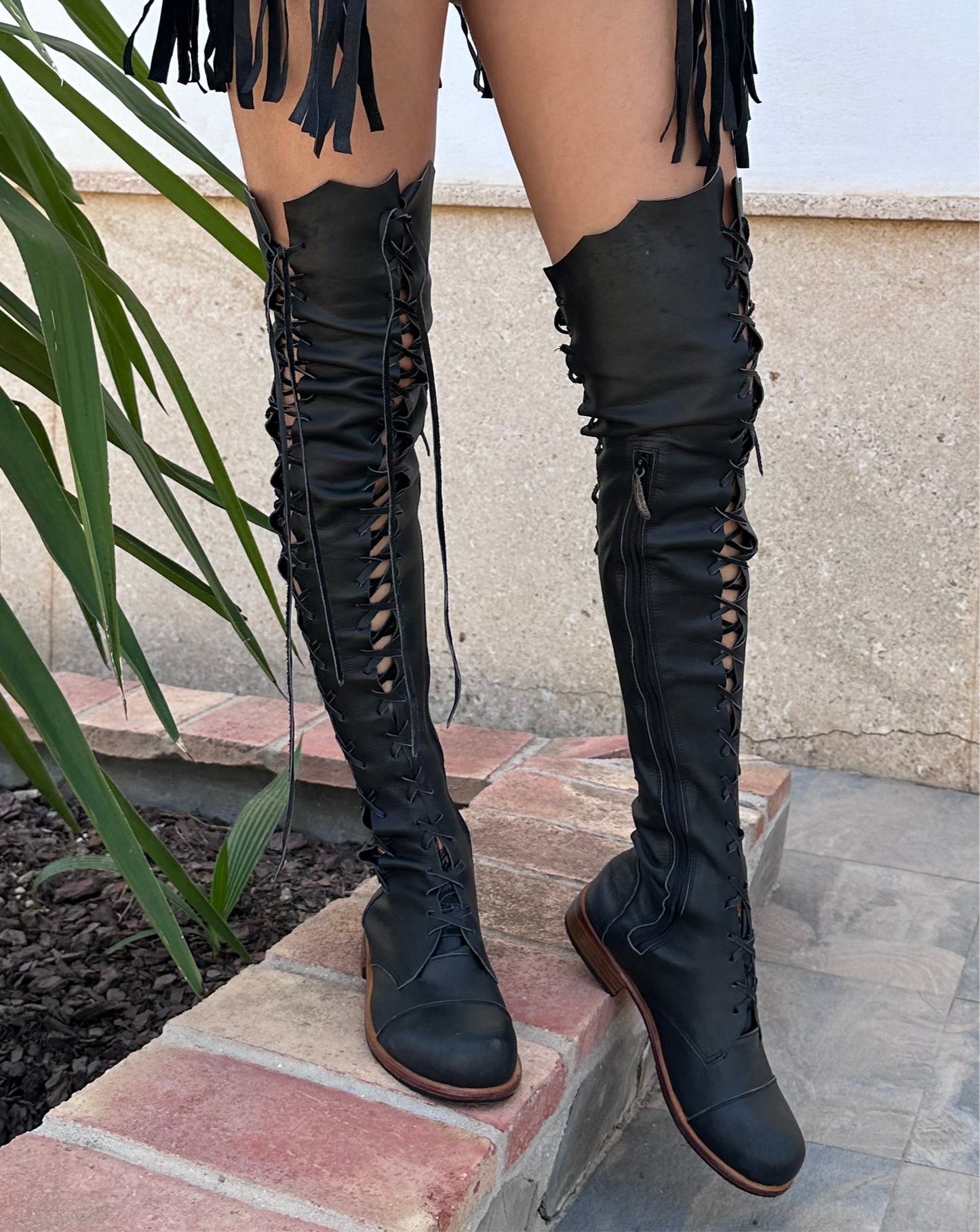 'Clockwork Fairy' Over Knee High Boots in Black with Tan Soles for Pre Order