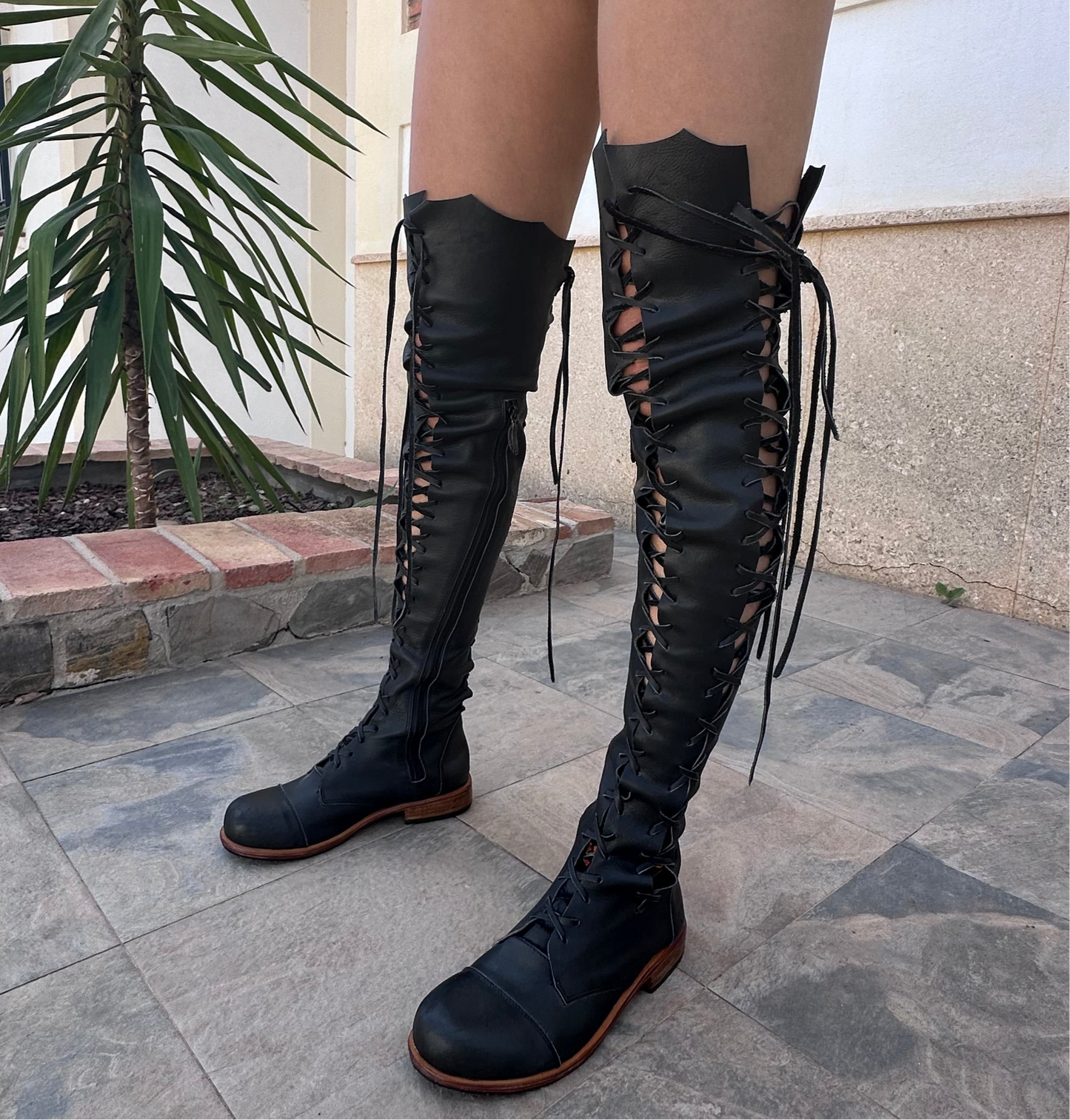 'Clockwork Fairy' Over Knee High Boots in Black with Tan Soles for Pre Order