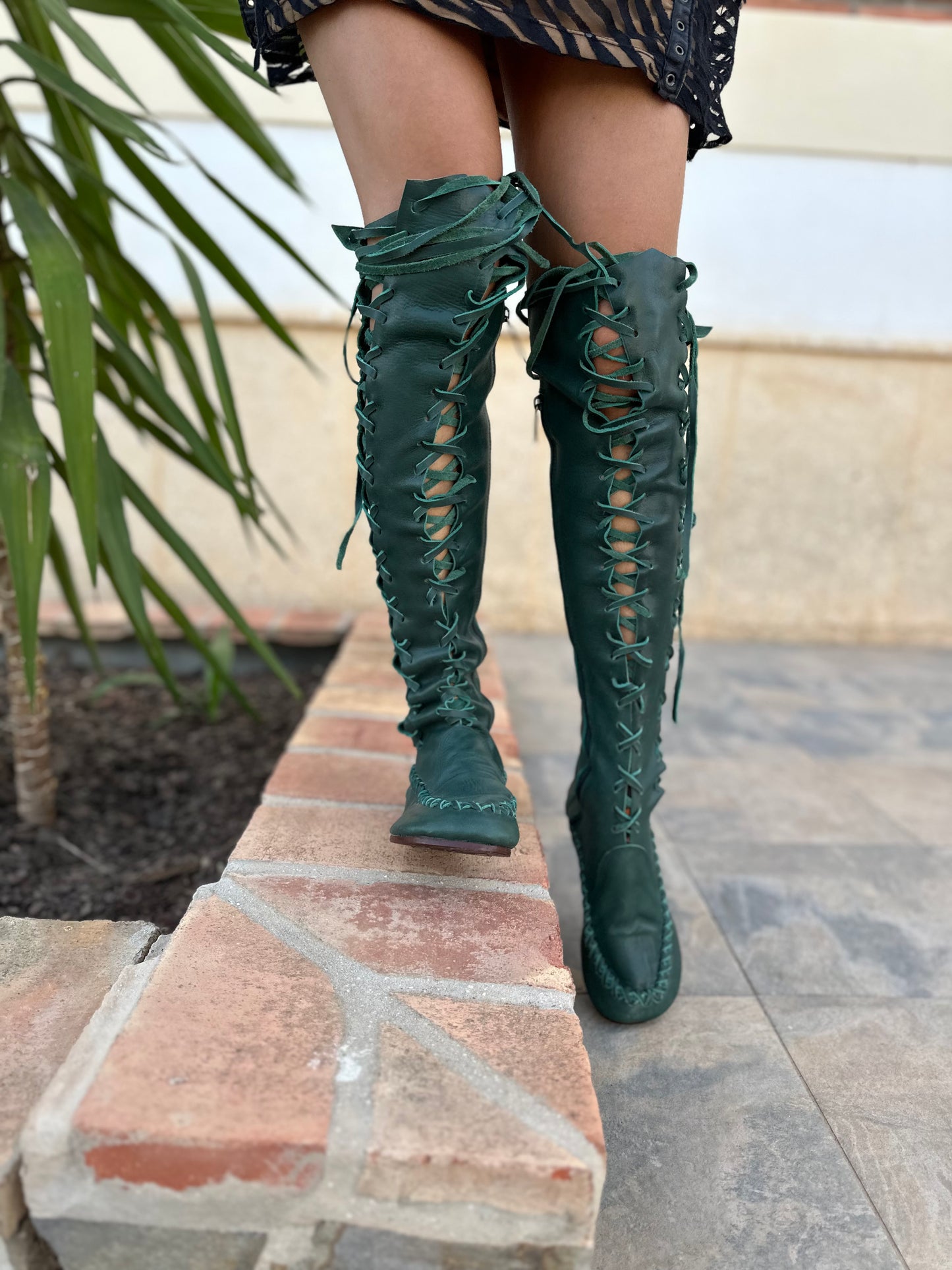 Pine Needle Green Leather Knee High Boots