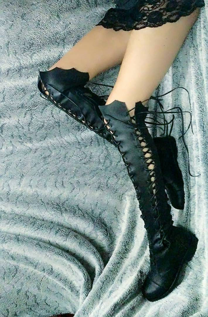 'Clockwork Fairy' Over Knee High Boots in Black with Black Soles for Pre Order