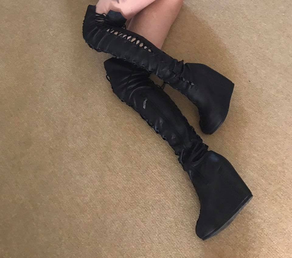 Ms Perfect Black Knee High Wedges Boots for Pre Order