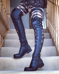 'Clockwork Fairy' Over Knee High Boots in Black with Black Soles