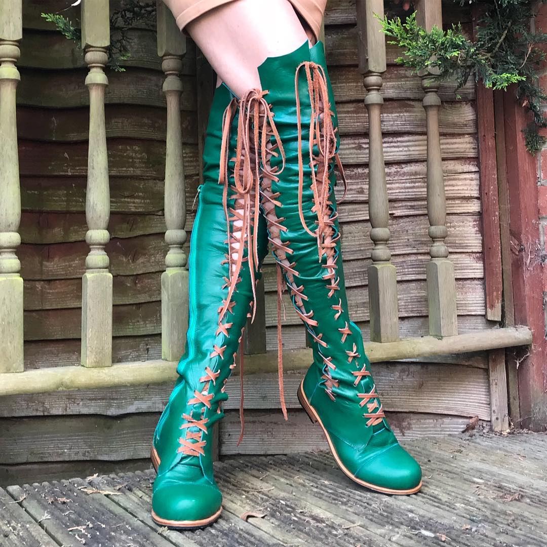 'Clockwork Fairy' Knee High Boots in Emerald Green with Tan laces