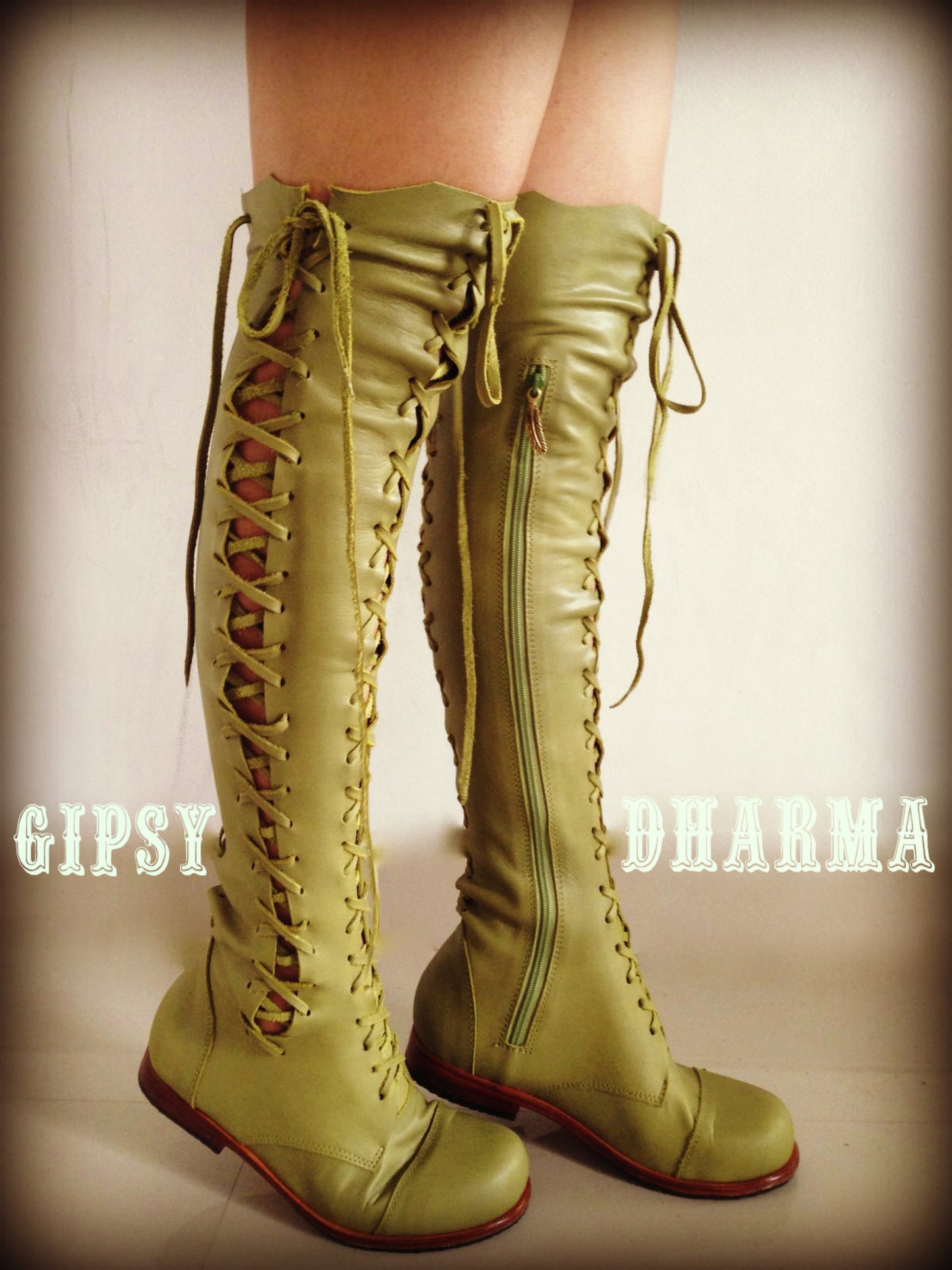 'Clockwork Fairy' Knee High Boots in Spring Green for Pre Order