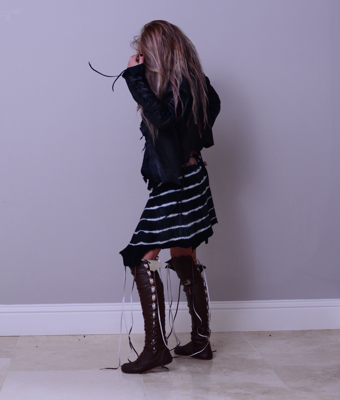 Zebra tie dye leather skirt