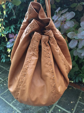 Tan Leather String Hand Bag and Rucksack
