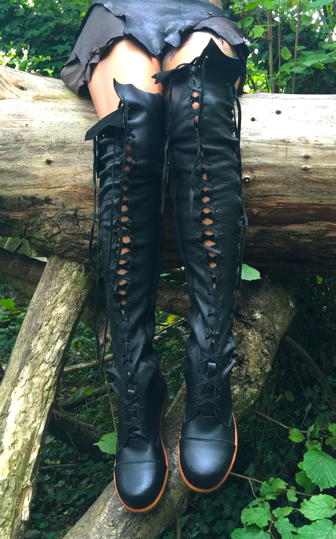 'Clockwork Fairy' Over Knee High Boots in Black with Tan Soles for Pre Order