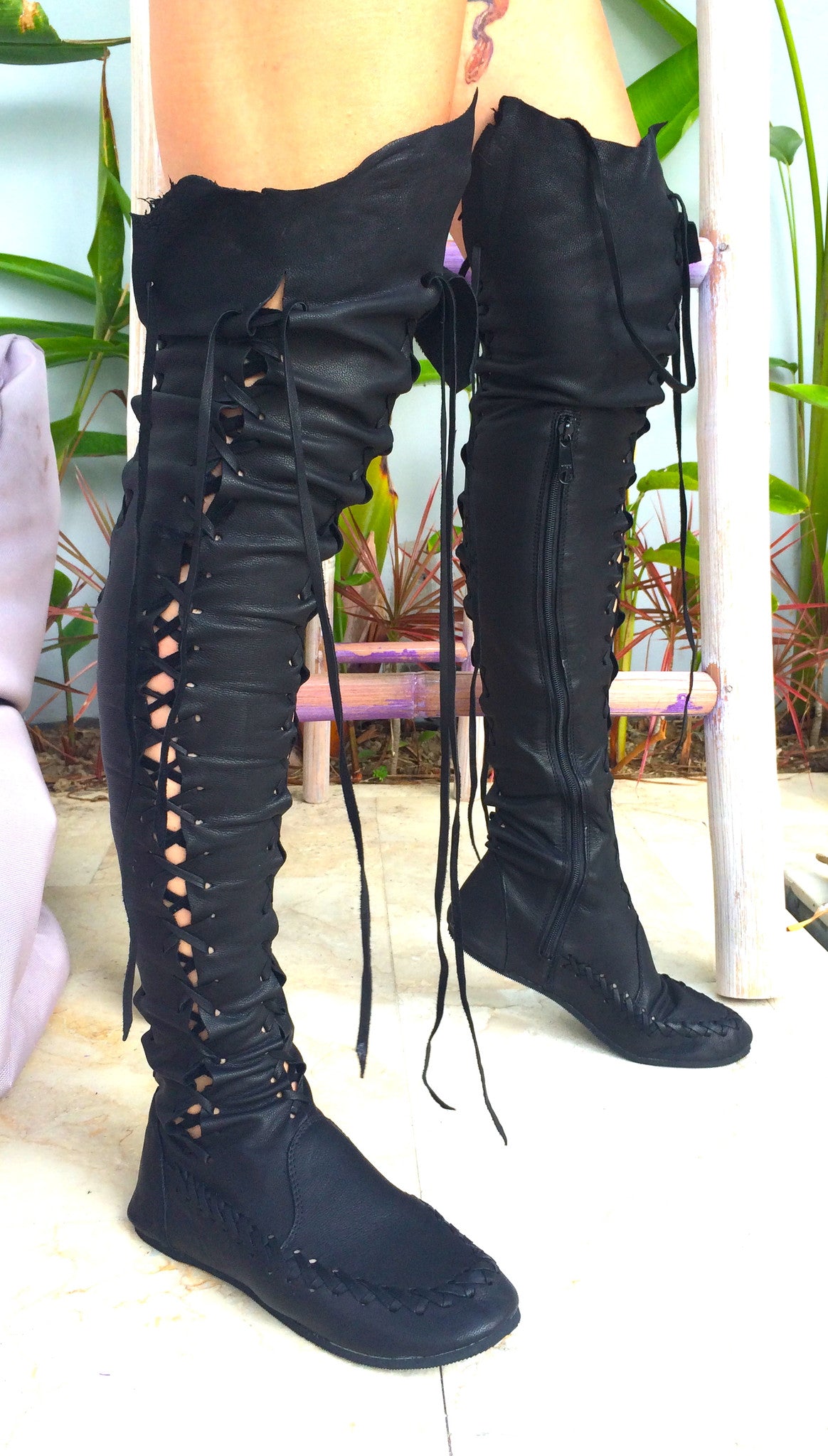 Black Over Knee High Leather Boots for Pre Order