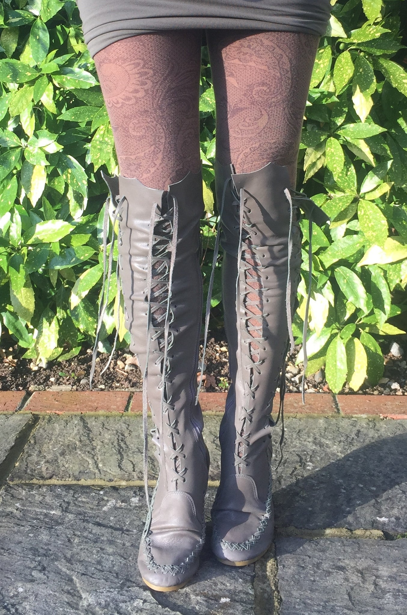 'Green grey, grey green' Leather Knee High Boots for Pre Order