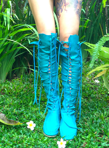 Turquoise Leather Knee High Boots