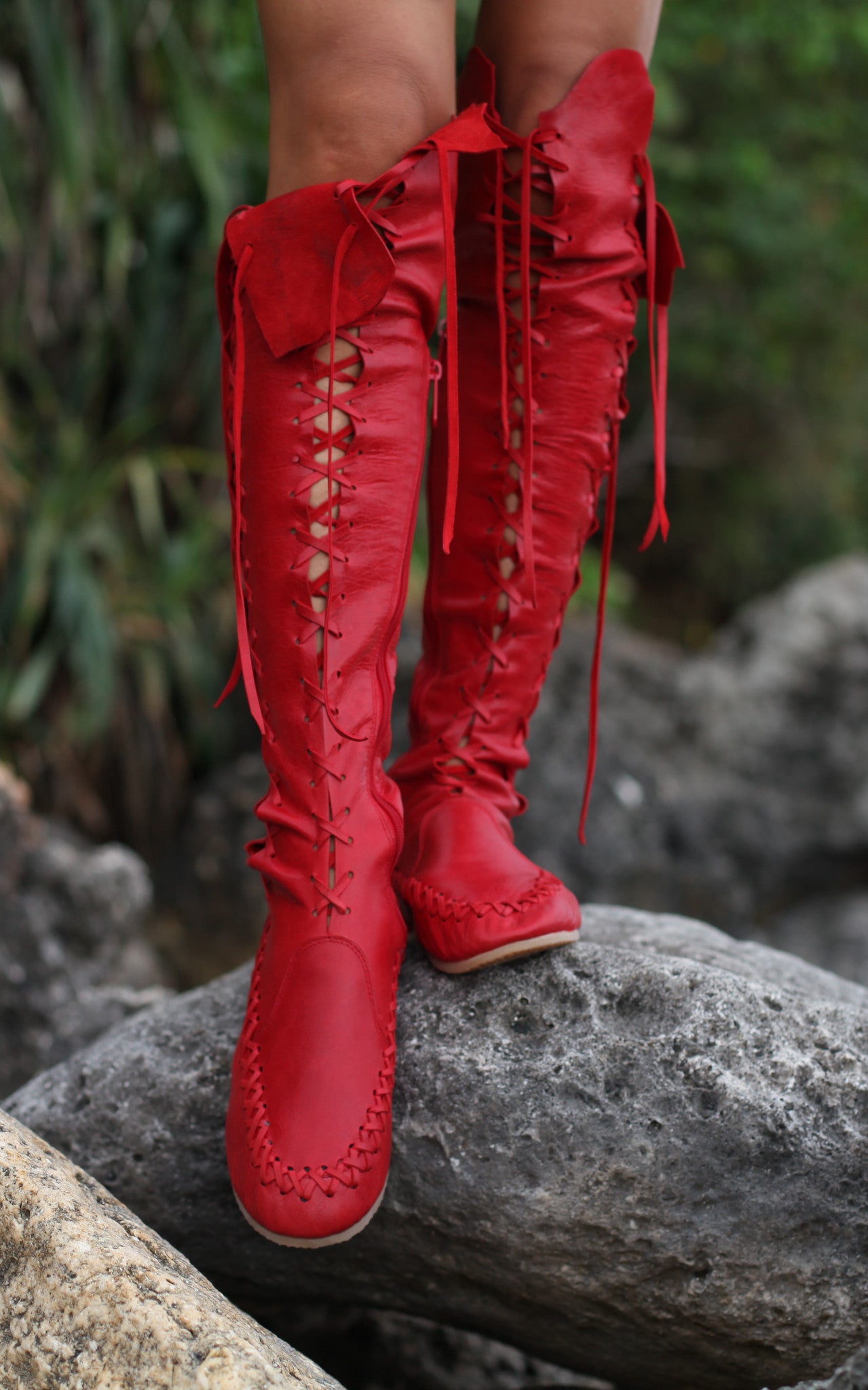 Red Knee High Leather Boots for Women