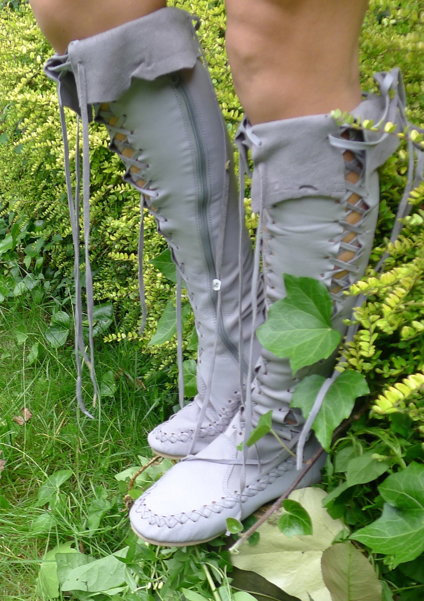 Grey Knee High Leather Boots