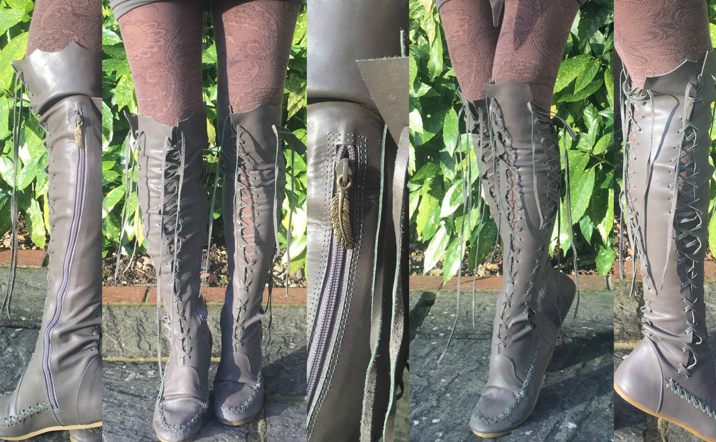 'Green grey, grey green' Leather Knee High Boots for Pre Order