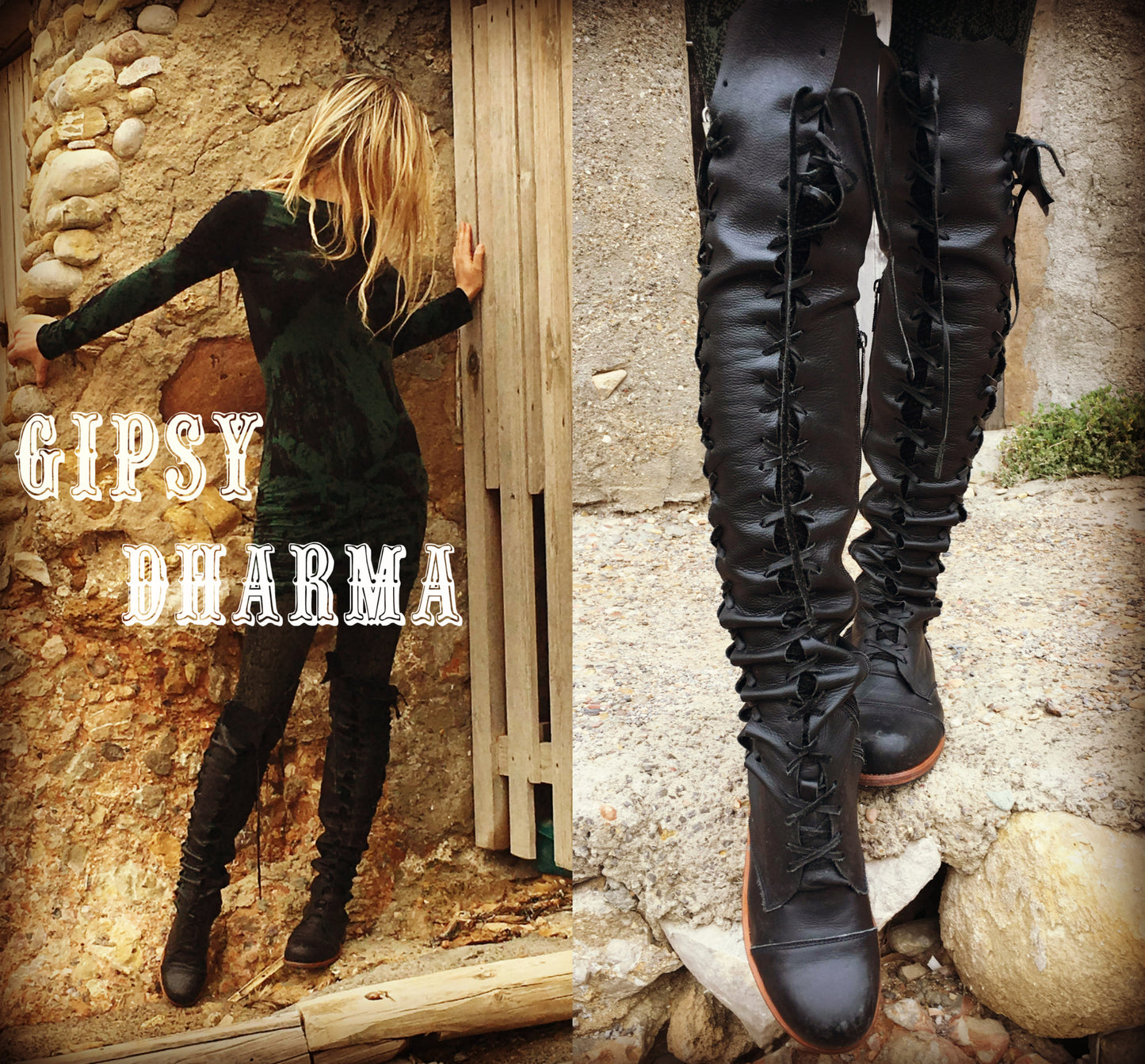 'Clockwork Fairy' Knee High Boots in Black with Tan Soles For Pre Order