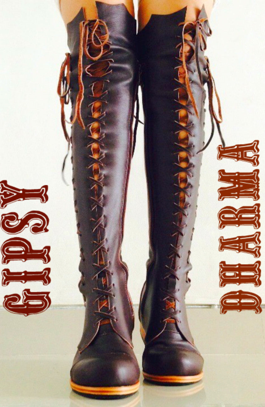 'Clockwork Fairy' Knee High Boots in Brown