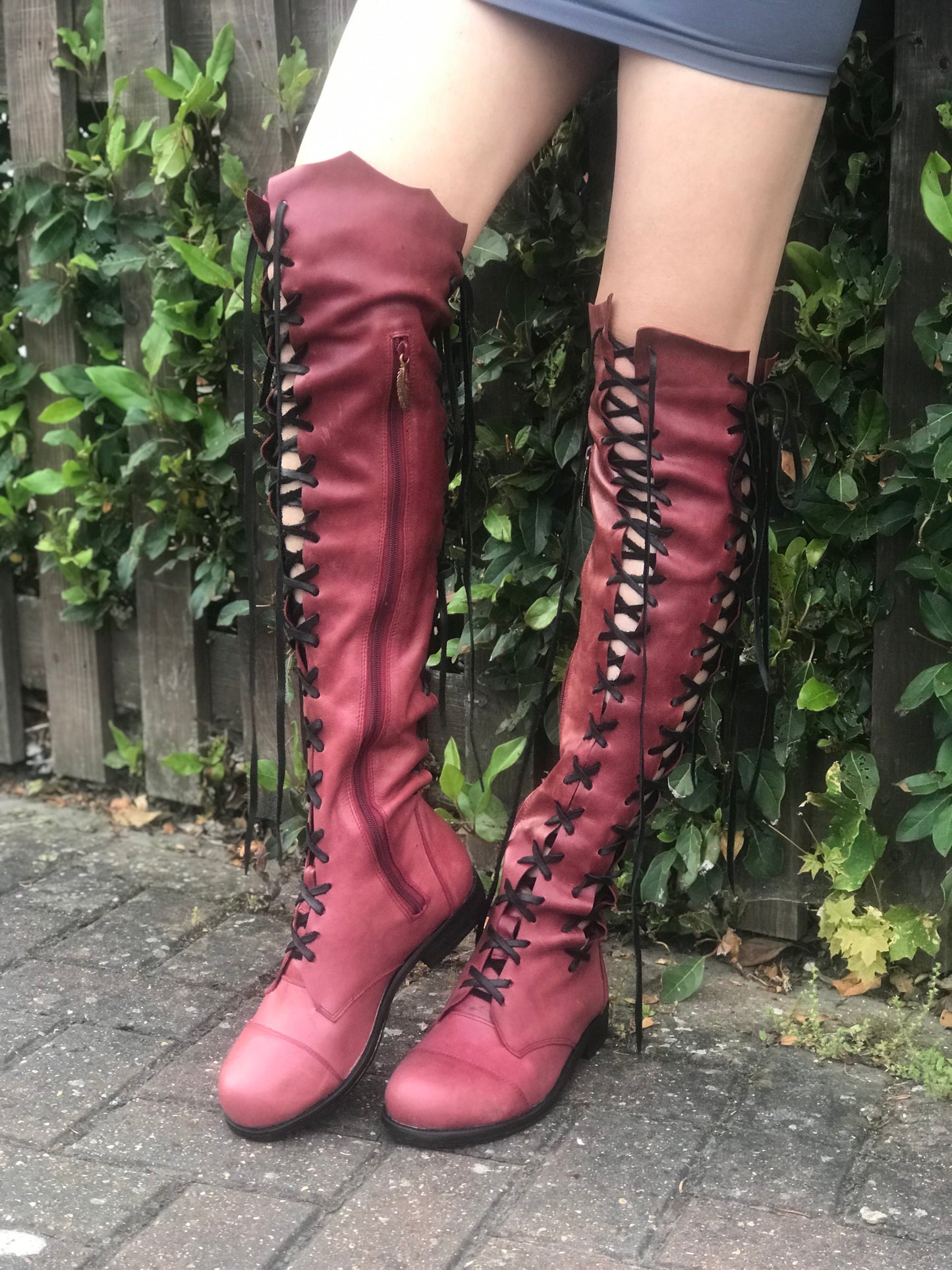 'Clockwork Fairy' Knee High Boots in Oxblood with Black Soles