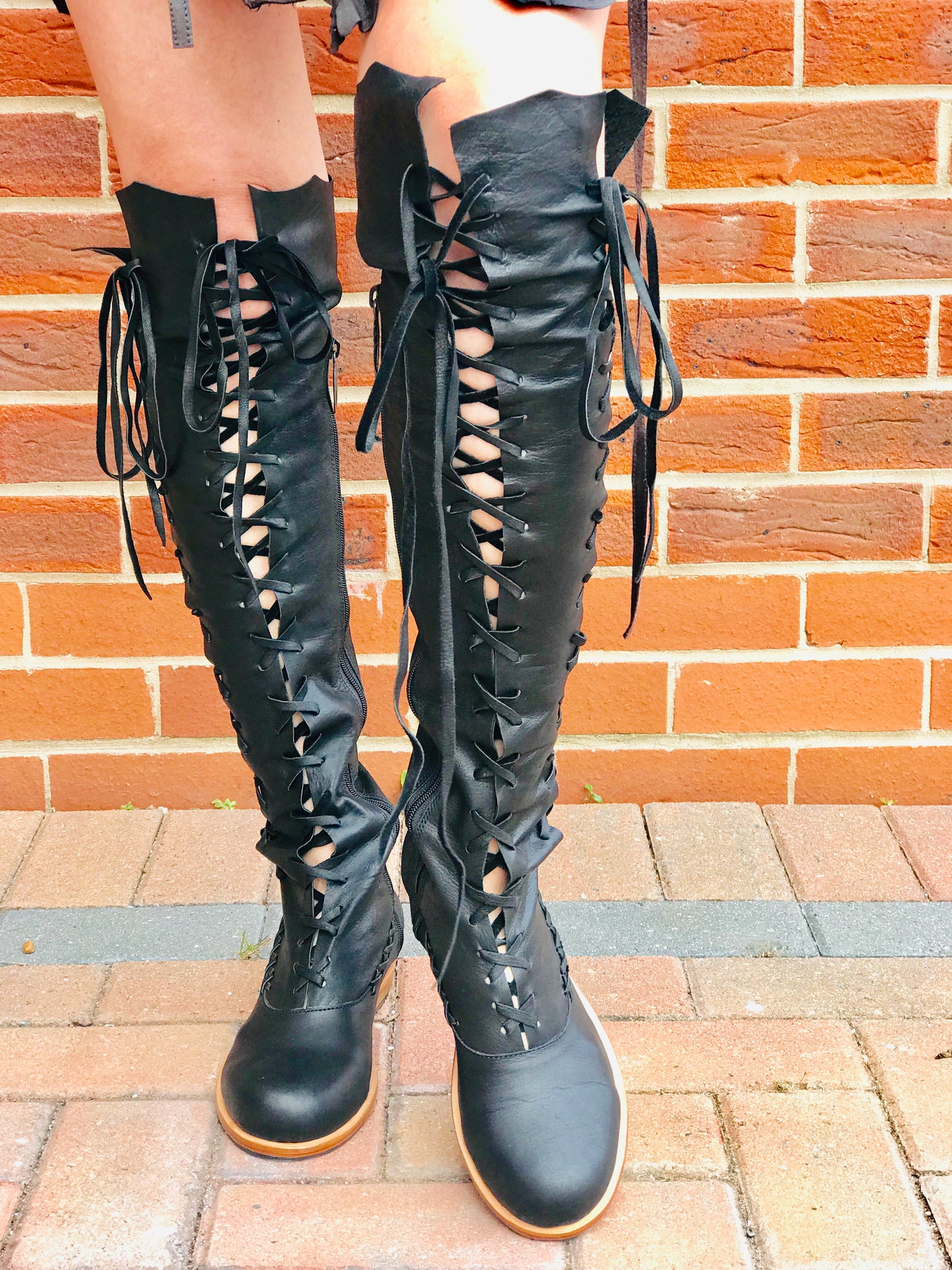Black Leather Victorian Gipsy Dharma knee high boots for Pre Order
