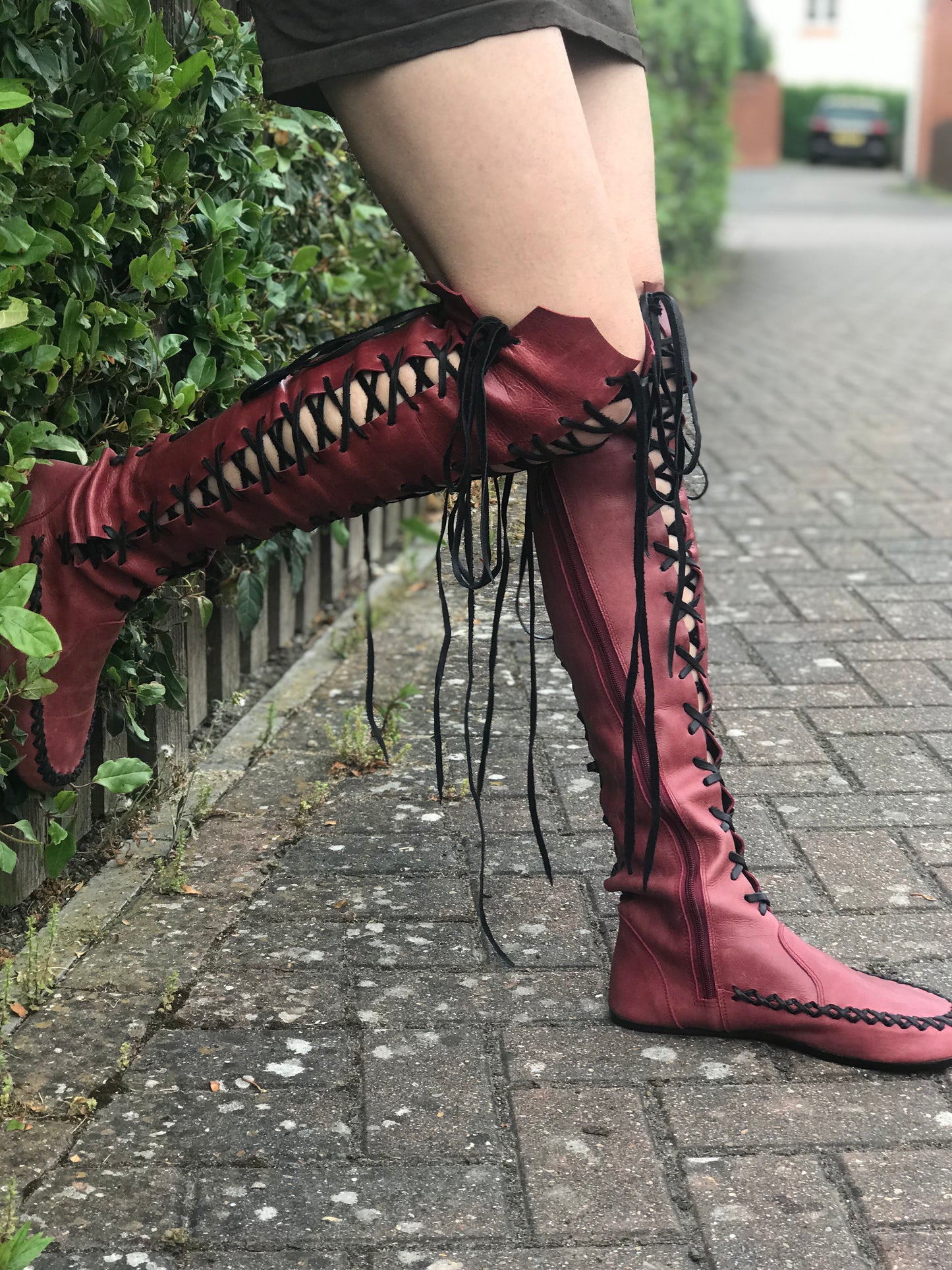 Oxblood Leather Knee High Boots with Black Laces and Black soles