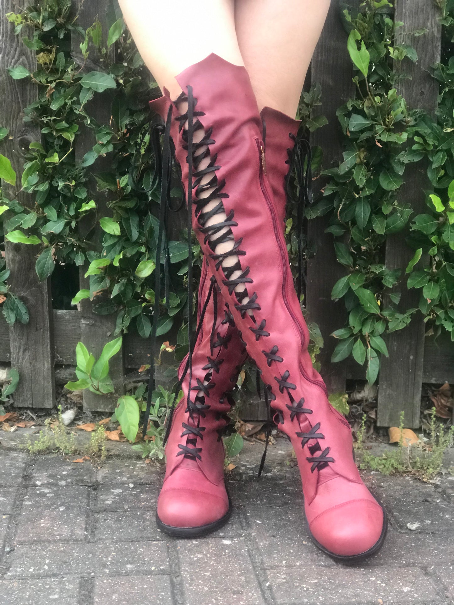'Clockwork Fairy' Knee High Boots in Oxblood with Black Soles