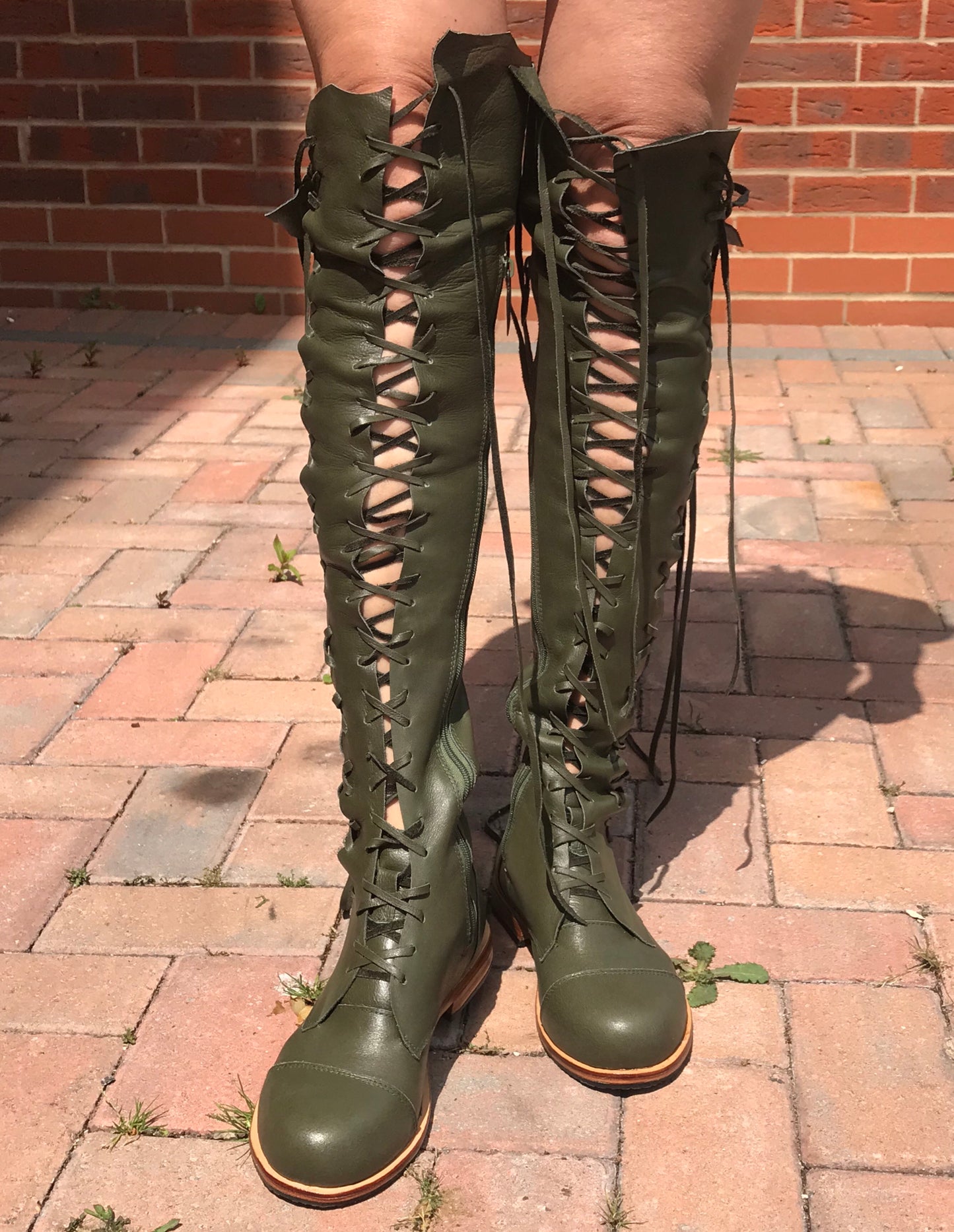 'Clockwork Fairy' Knee High Boots in Khaki Green