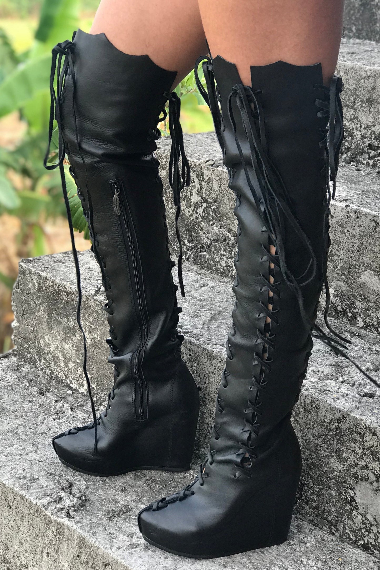 Ms Perfect Black Knee High Wedges Boots for Pre Order