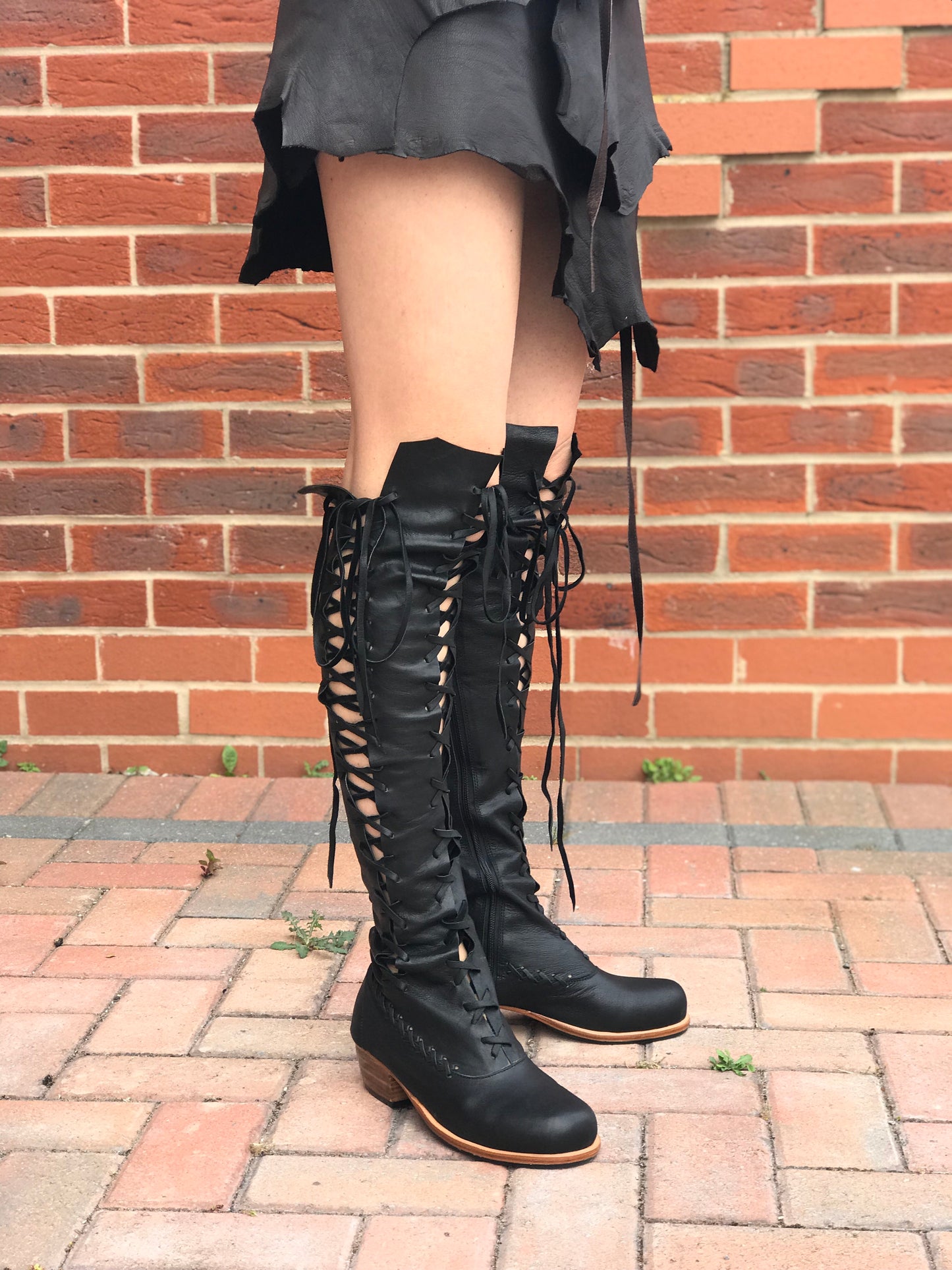 Black Leather Victorian Gipsy Dharma knee high boots for Pre Order