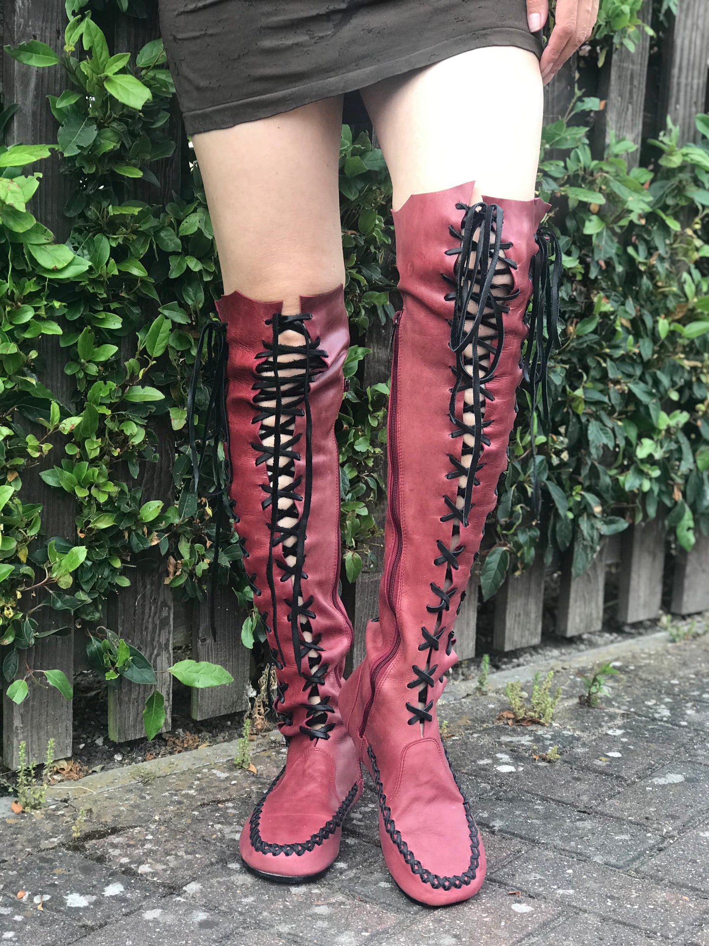 Oxblood Leather Knee High Boots with Black Laces and Black soles