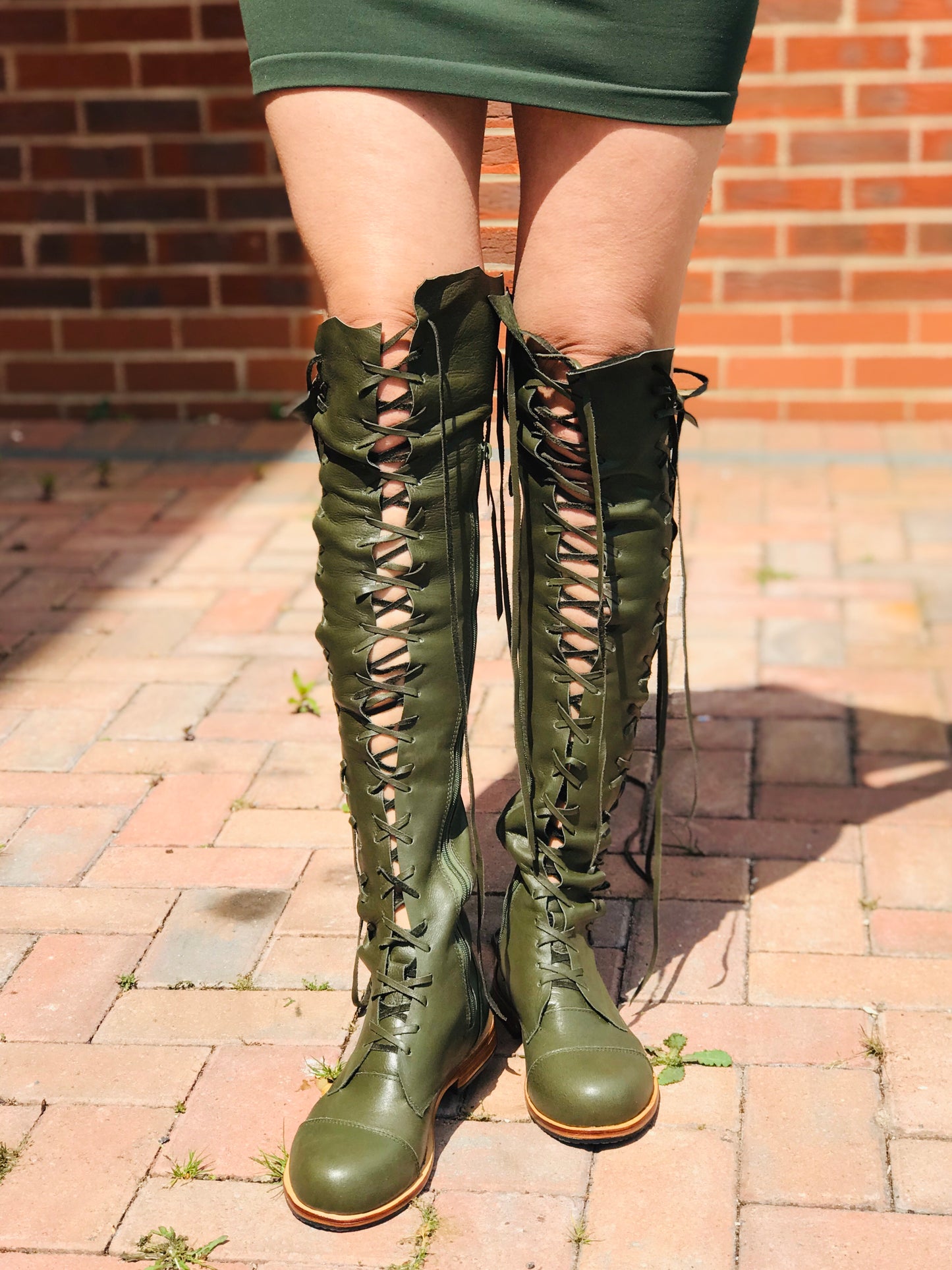 'Clockwork Fairy' Knee High Boots in Khaki Green
