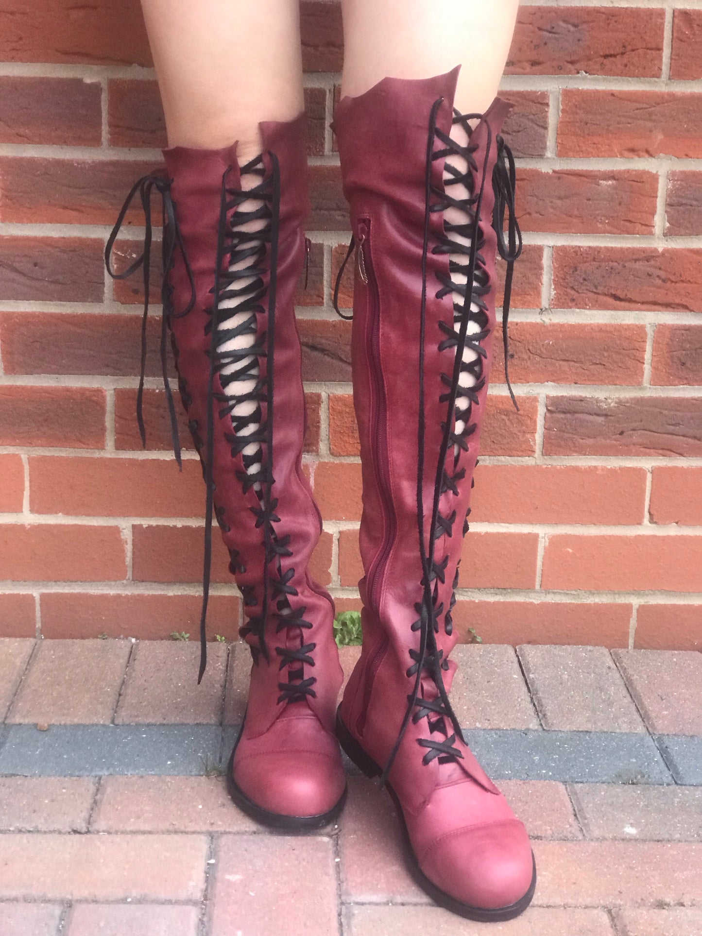 'Clockwork Fairy' Knee High Boots in Oxblood with Black Soles