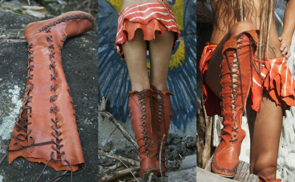 Orange knee high leather boots for women