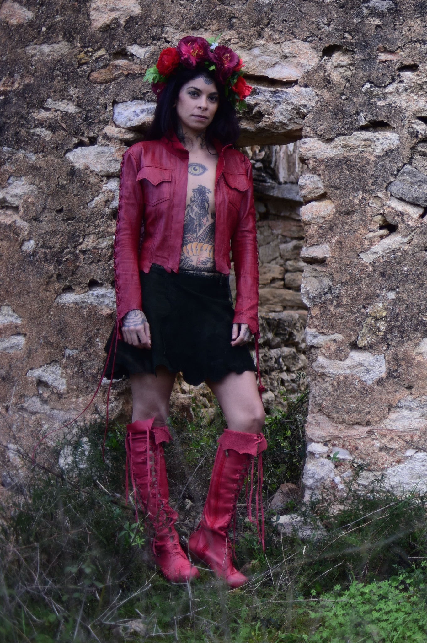 'Clockwork Fairy' Knee High Boots in Pink Red