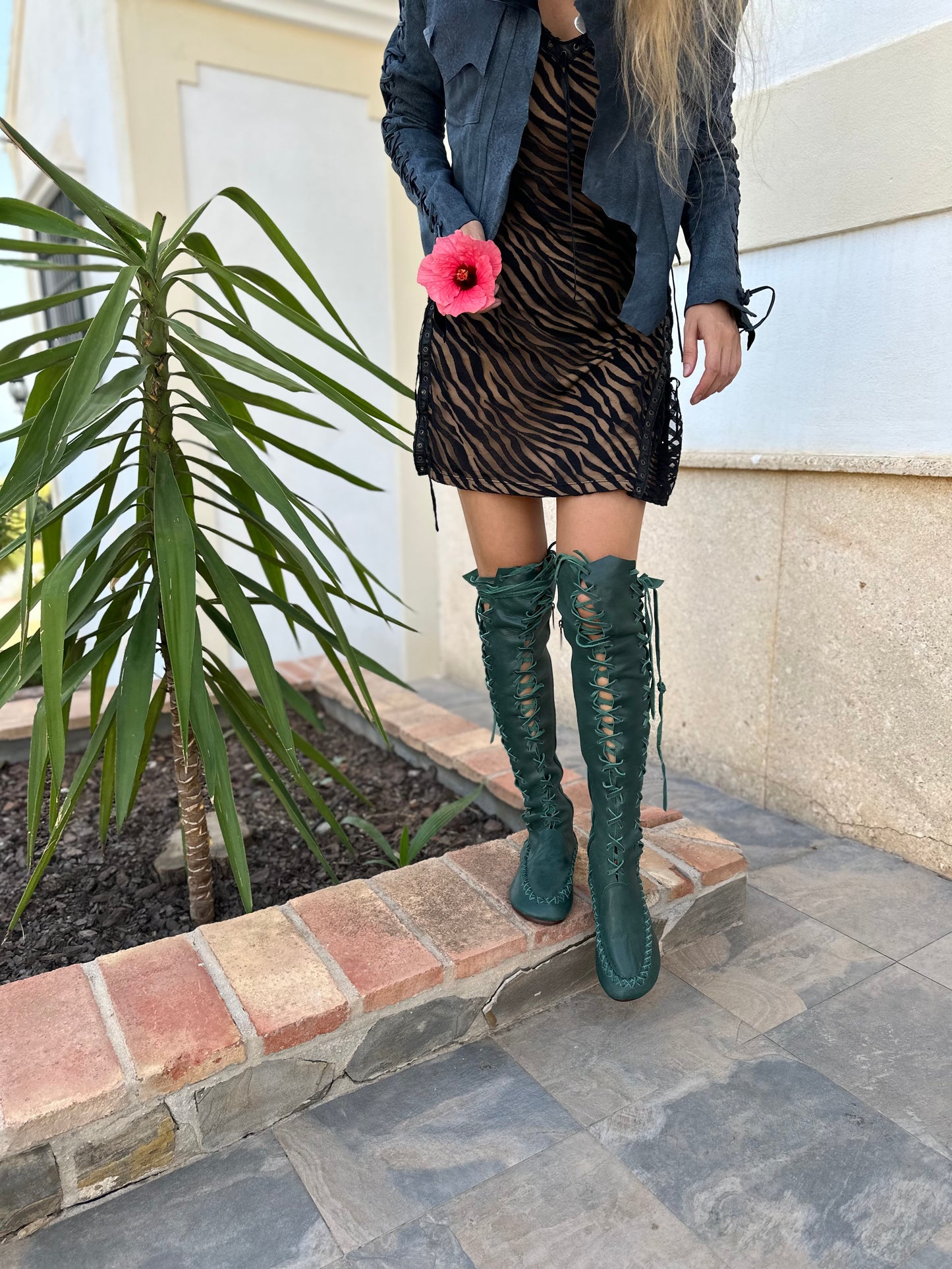 Pine Needle Green Leather Knee High Boots