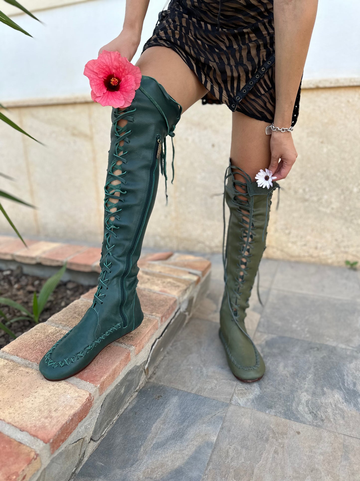 Pine Needle Green Leather Knee High Boots