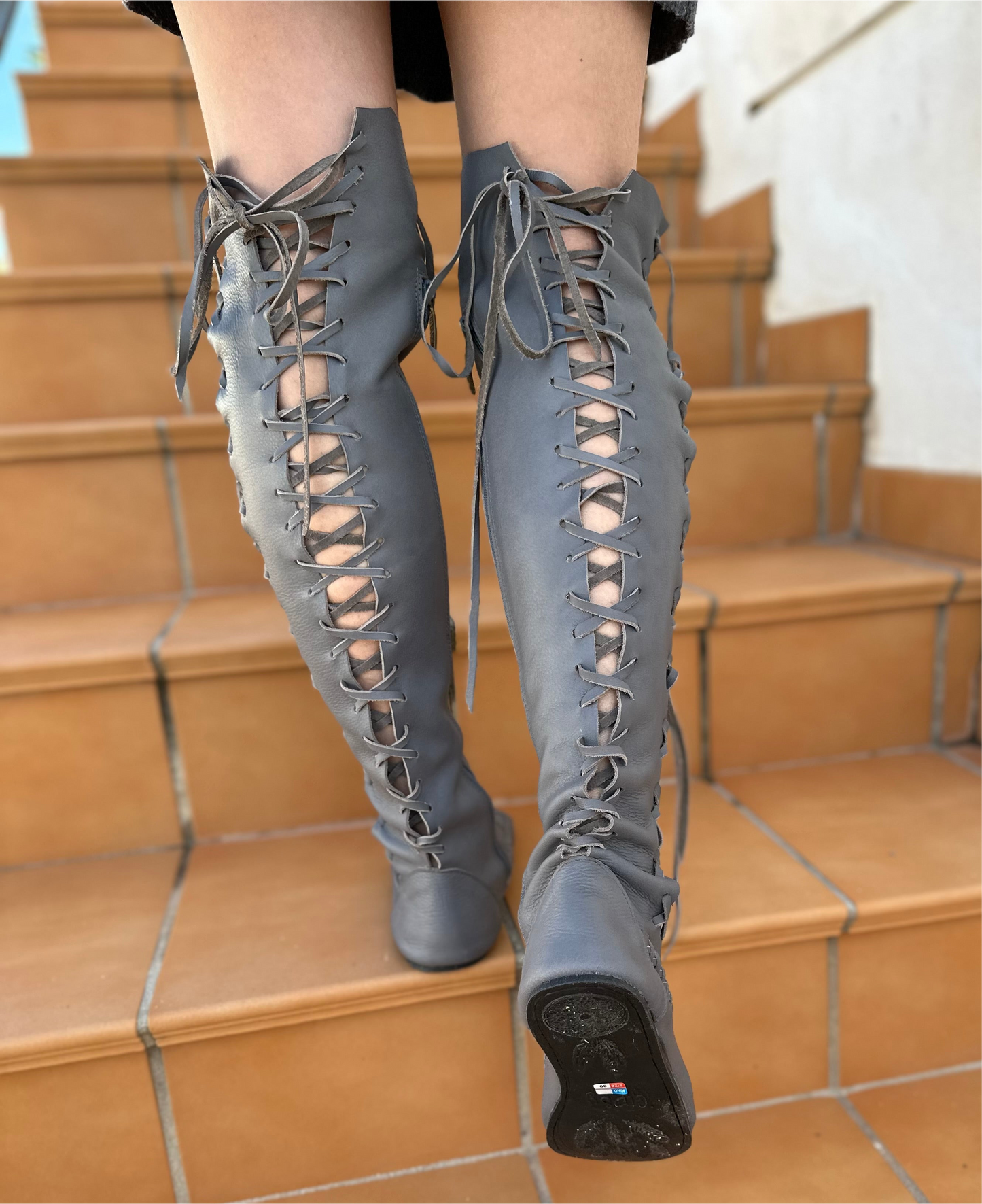 Grey Knee High Leather Boots