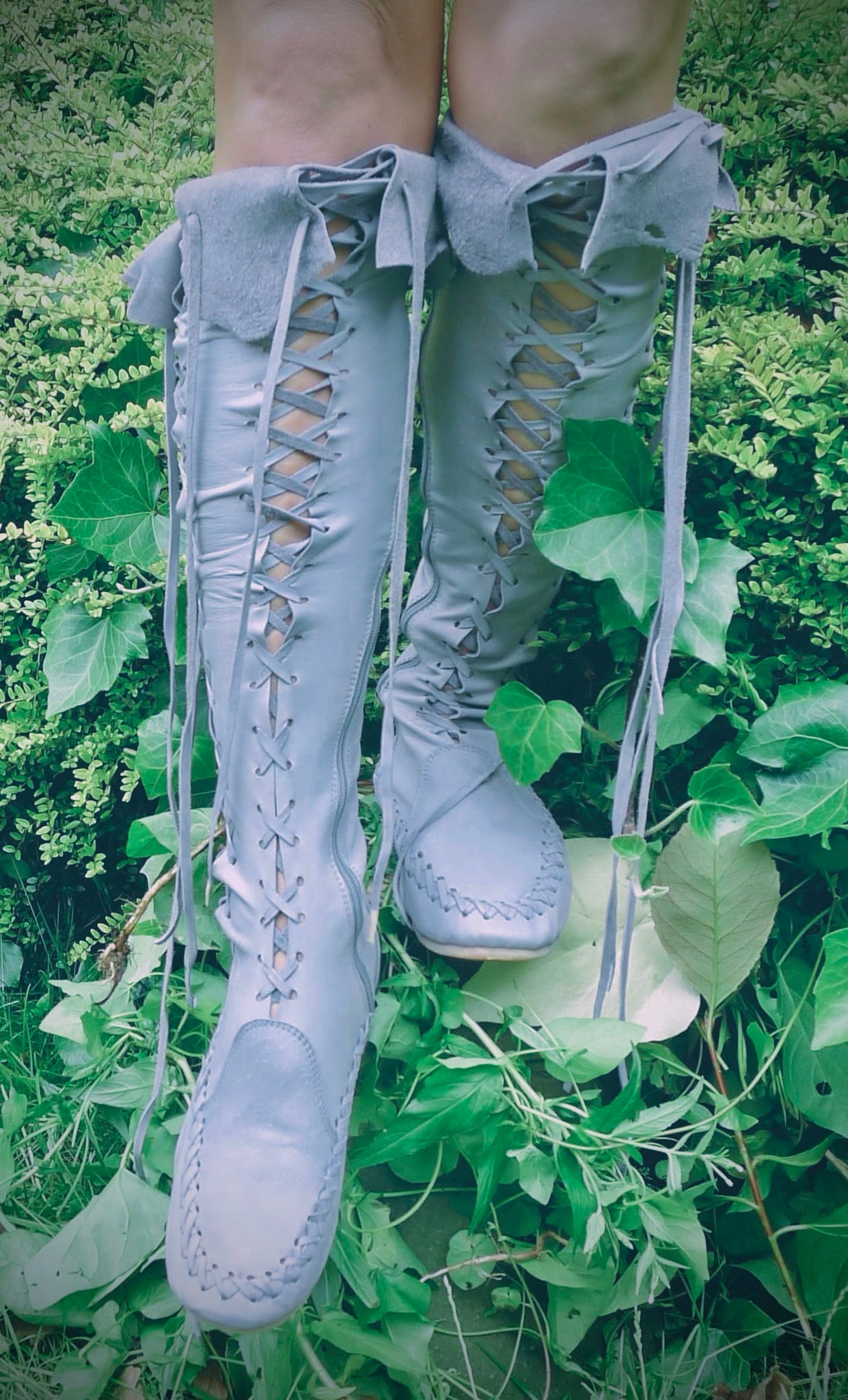 Grey Knee High Leather Boots