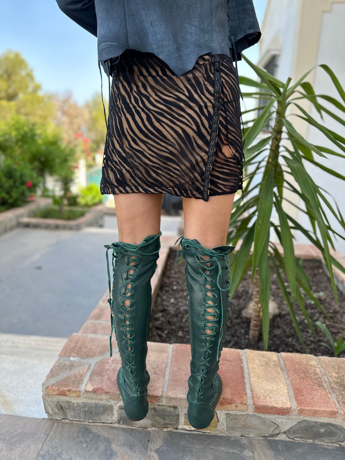 Pine Needle Green Leather Knee High Boots