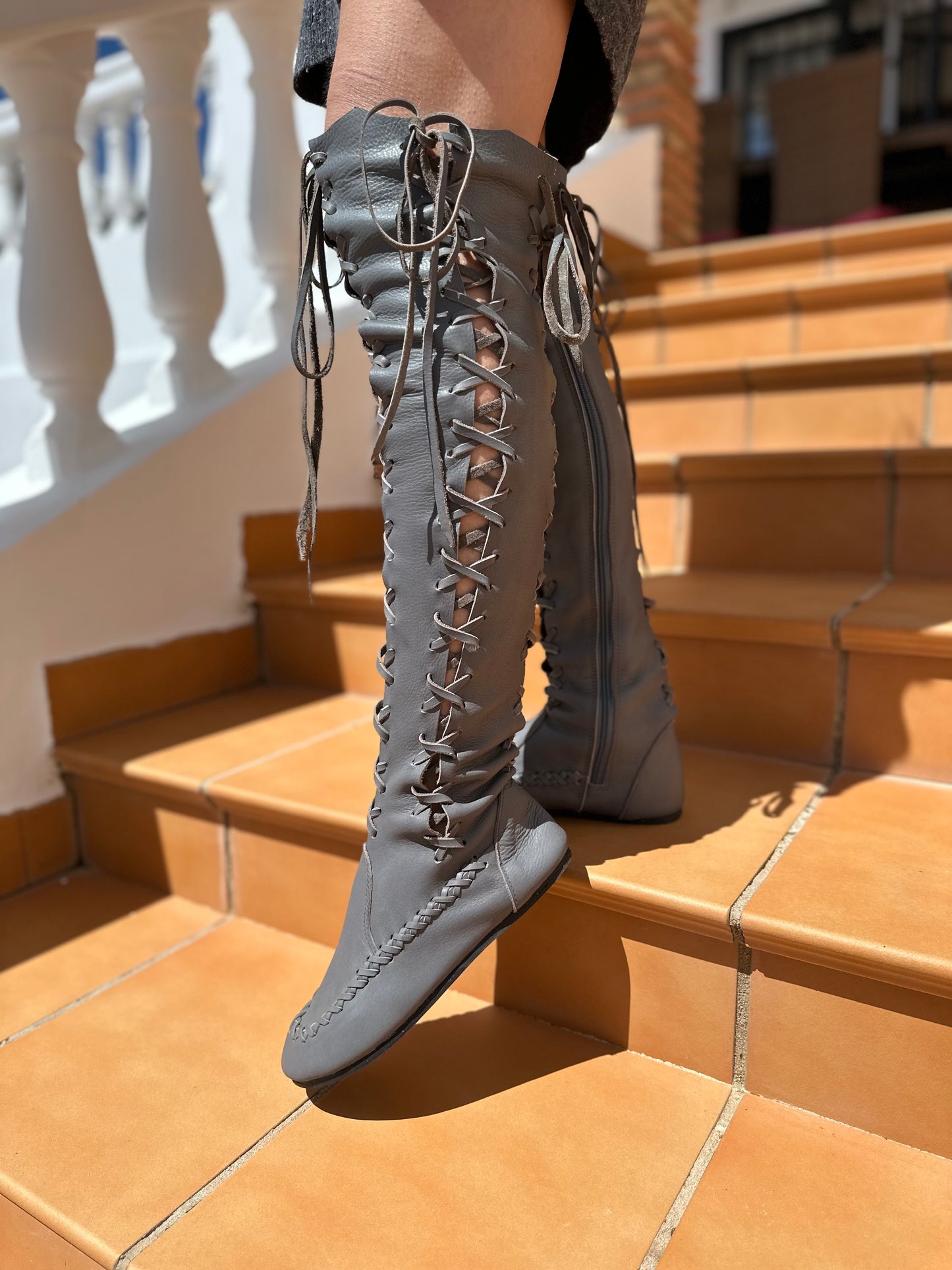 Grey Knee High Leather Boots